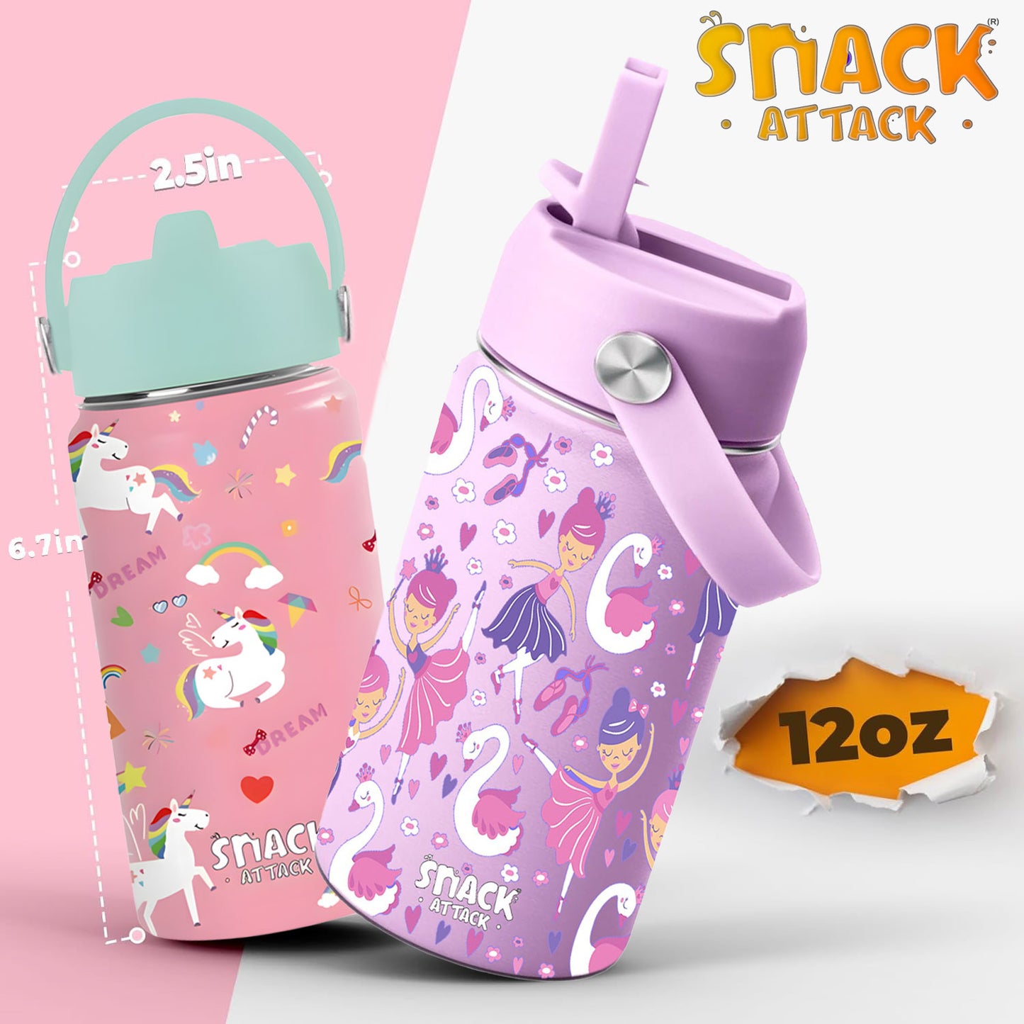 Snack Attack Kids Insulated Water Bottle-12oz (Lilac Ballerina)