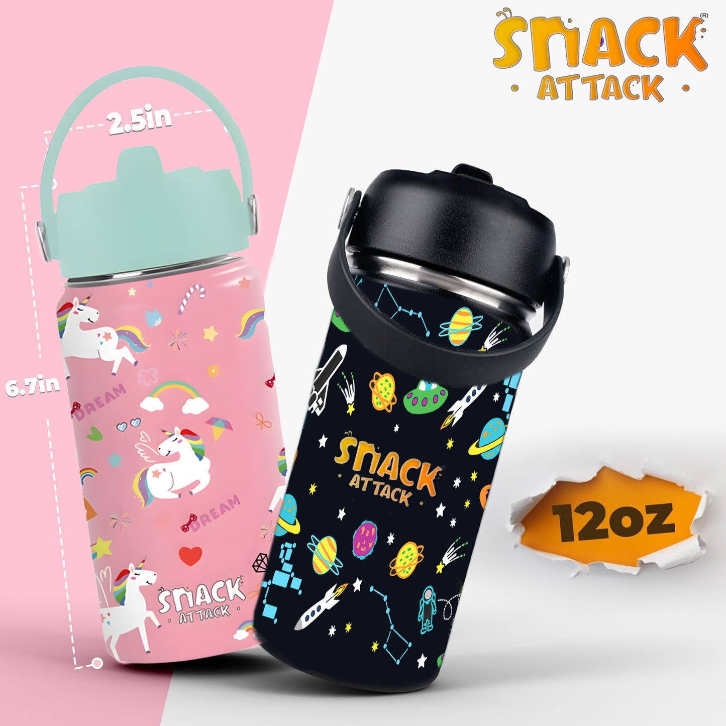 Snack Attack Kids Insulated Water Bottle-12oz (Black Astro)