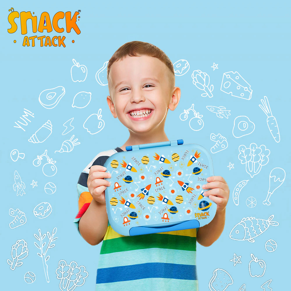 Snack Attack Bento Box, Space Theme, Leakproof, Convertible, 3 to 10 Years, 22.6x17.6x7cm, 810ml - Blue