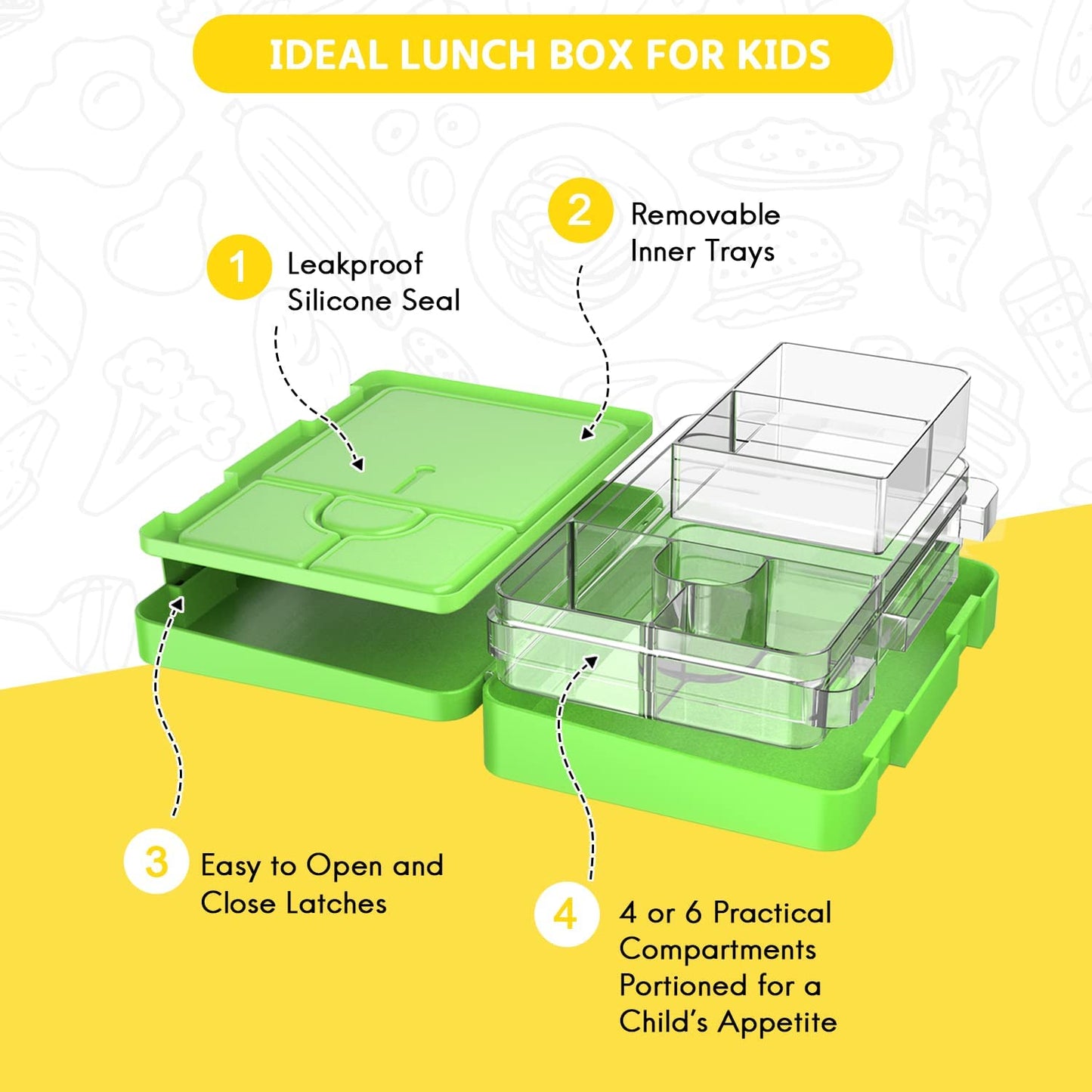 Lunch Box for Kids – 4/6 Compartments Green Dino in Egg