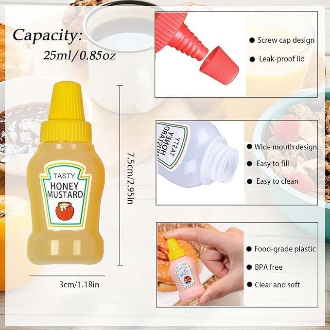 Mini Ketchup Bottle for Bento Box Accessories, 25ml Condiment Squeeze Bottles Empty Plastic Salad Dressing Container Tomato Ketchup Condiments Squirt Squeezable Jar for Sauces Syrup