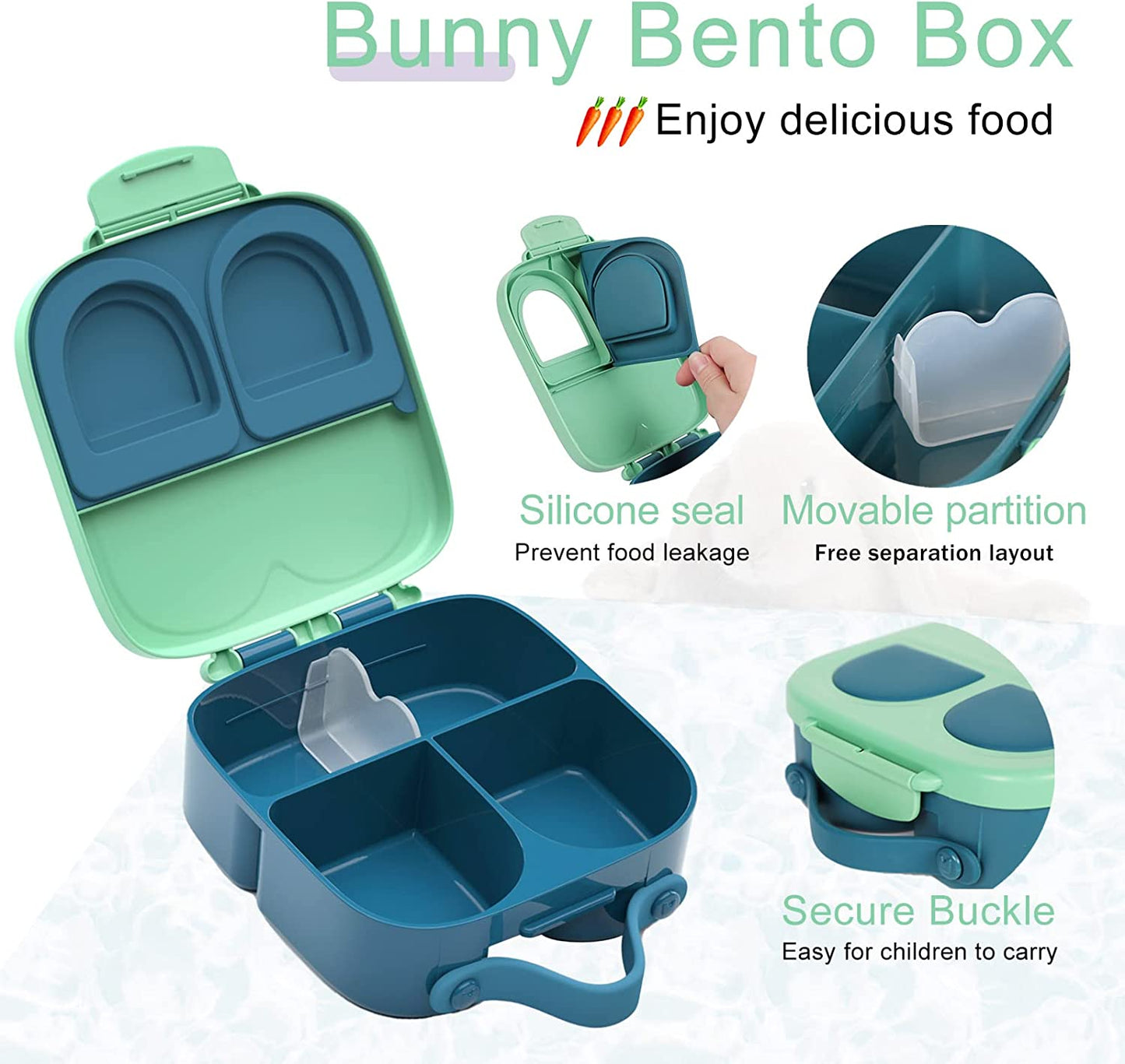 Green Bunny Bento Lunch Box – 3/4 Compartments