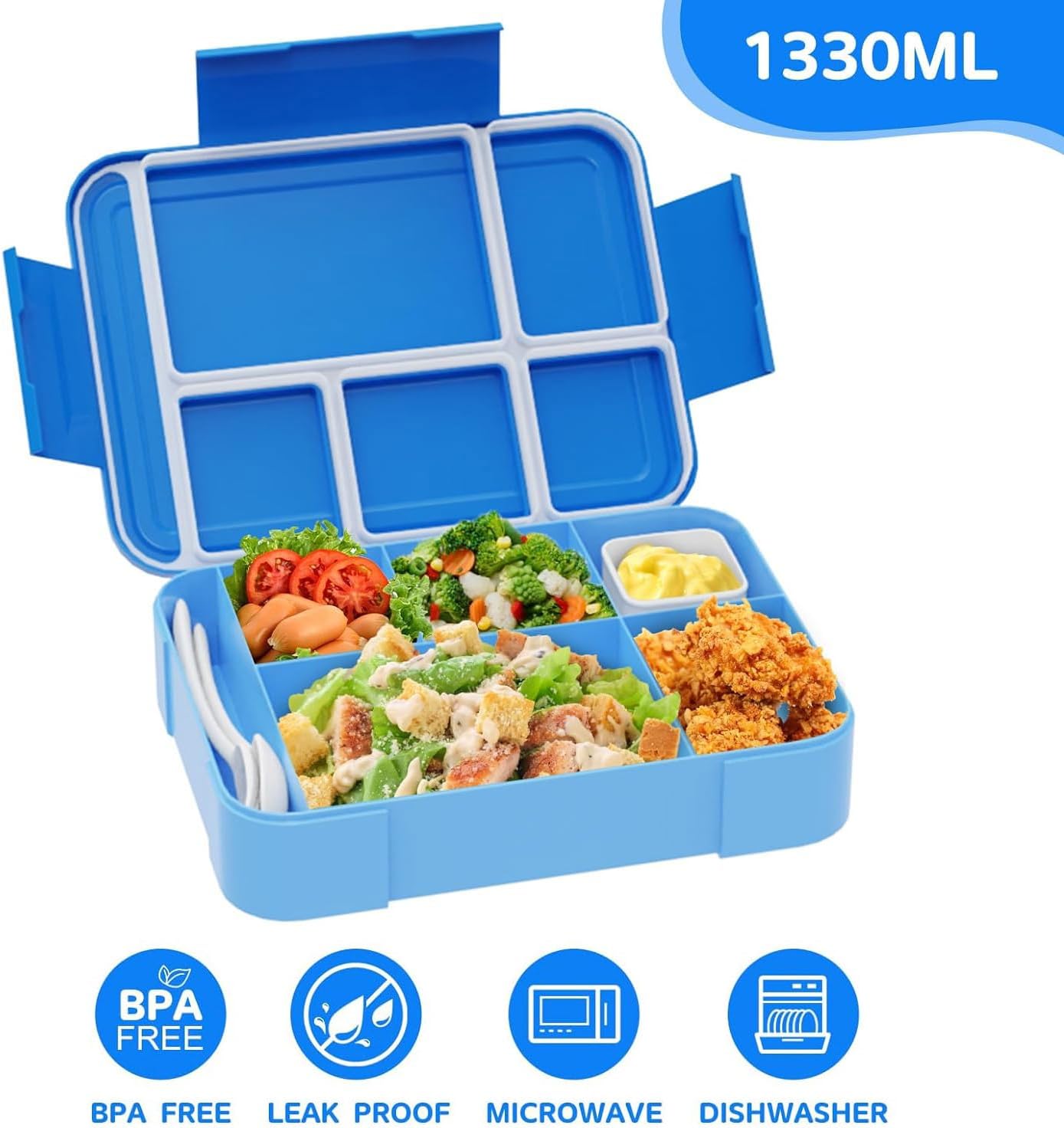 Kids' 5-Compartment Bento Box with Cutlery (Blue)