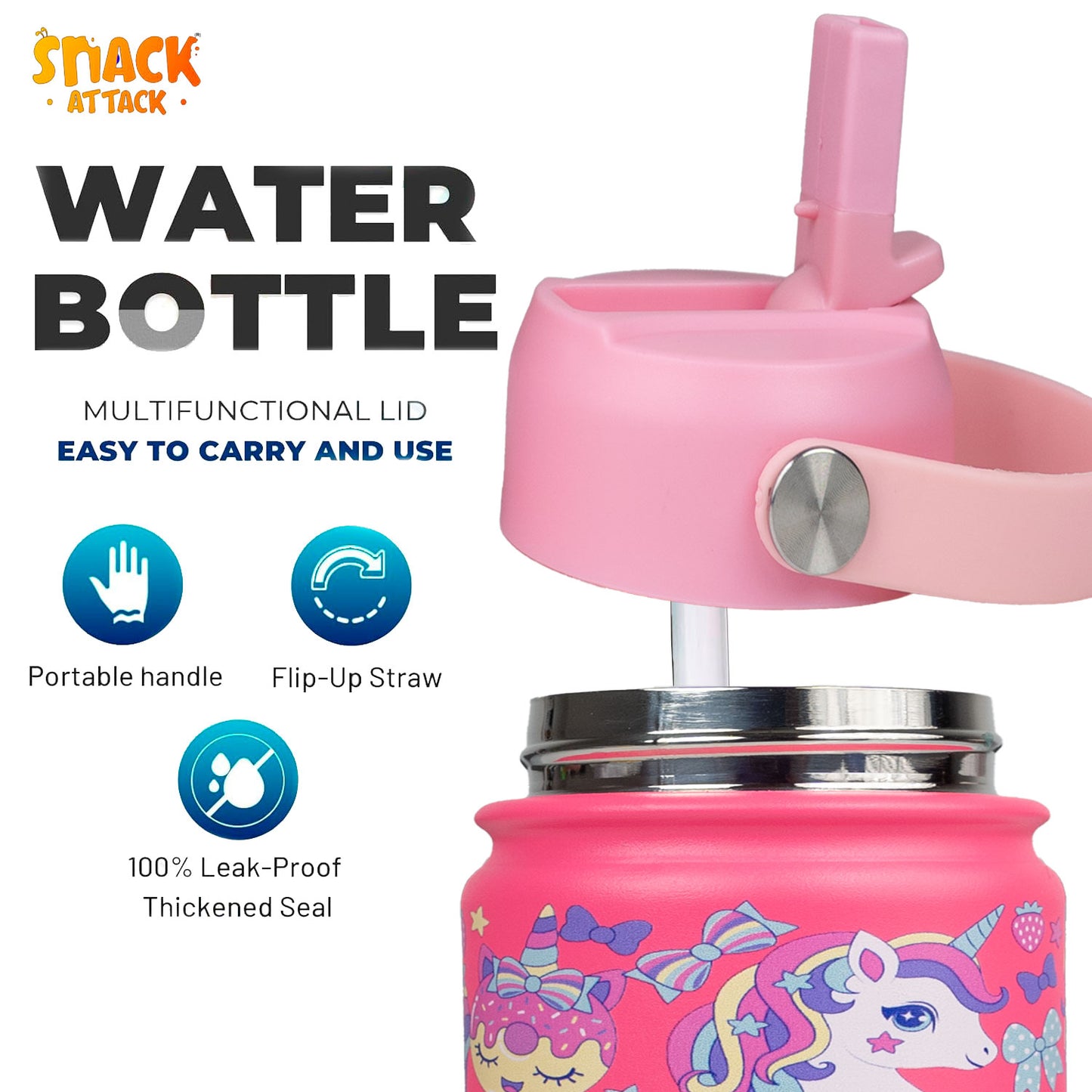 Snack Attack Kids Insulated Water Bottle-12oz Pink Unicorn Family
