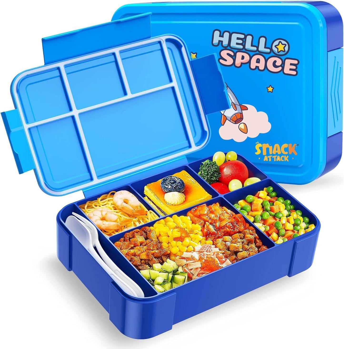 Kids' 5-Compartment Bento Box with Cutlery (Blue)