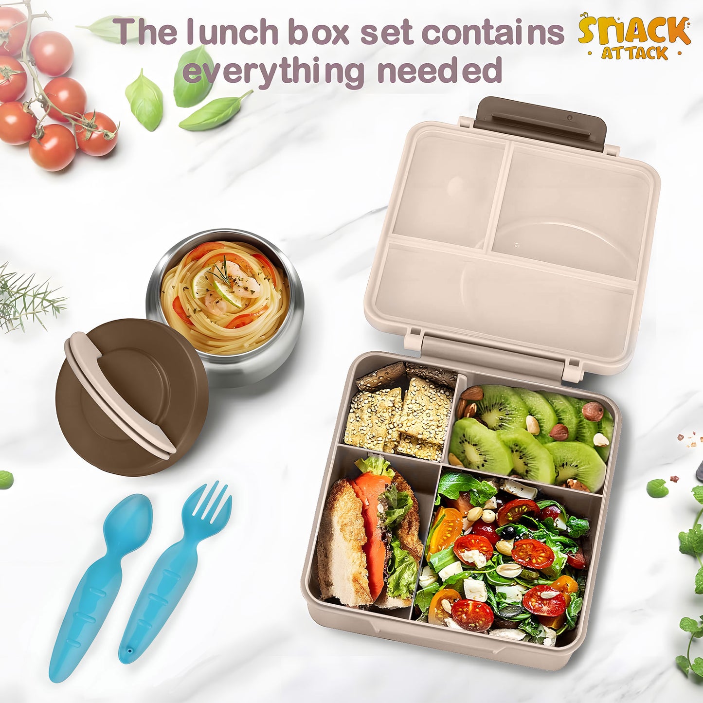 Snack Attack Khaki Construction Bento Lunch Box with Thermos