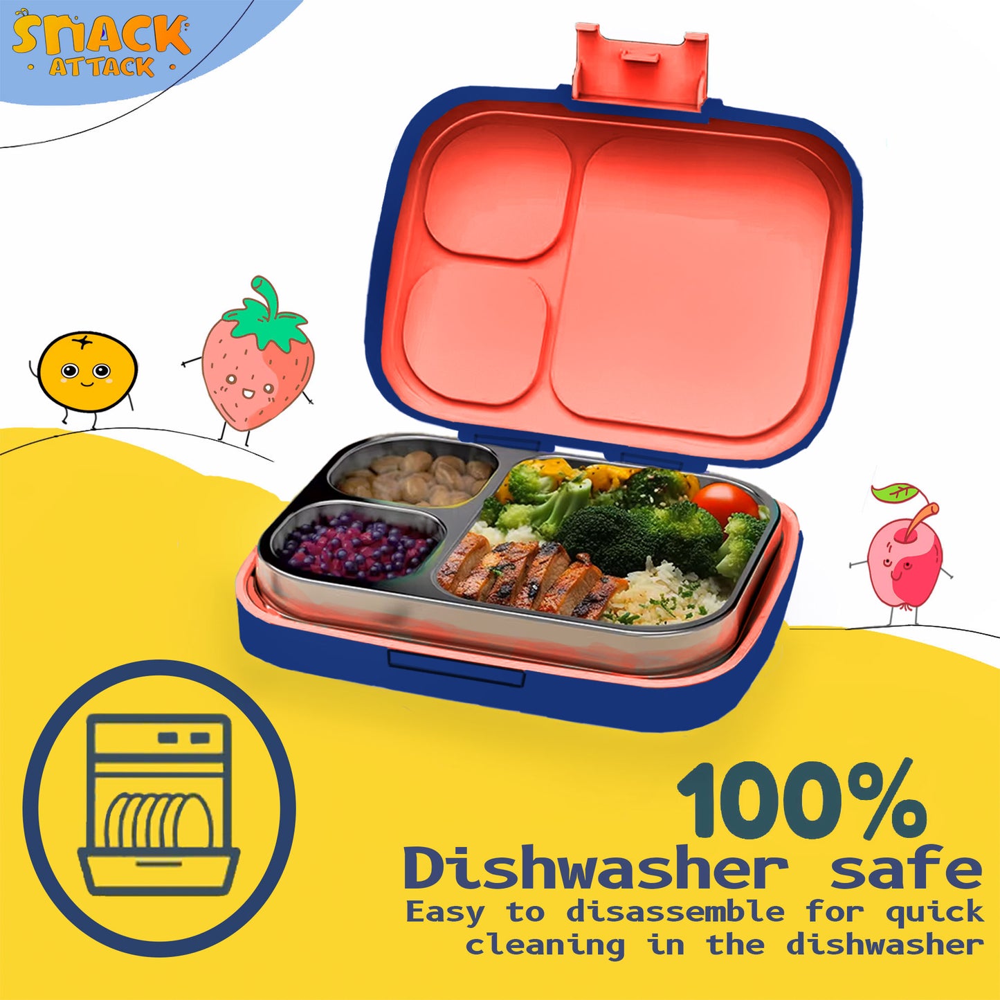 Snack Attack Bento Stainless Steel Lunch Box for Kids –3 Compartments | Dinosaur Design Toddler with Spoon & Fork
