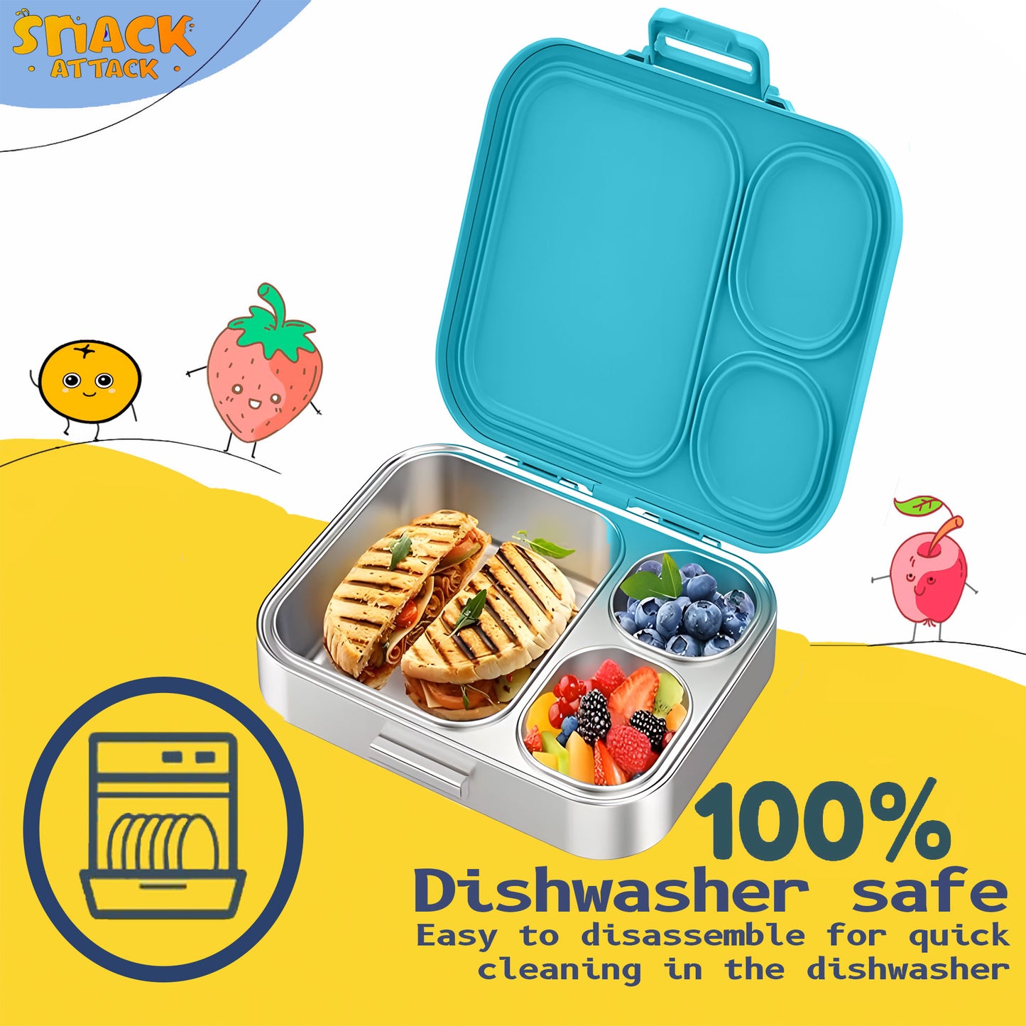 Snack Attack Bento Stainless Steel Lunch Box for Kids –3 Compartments | Mermaid Design Toddler with Spoon & Fork