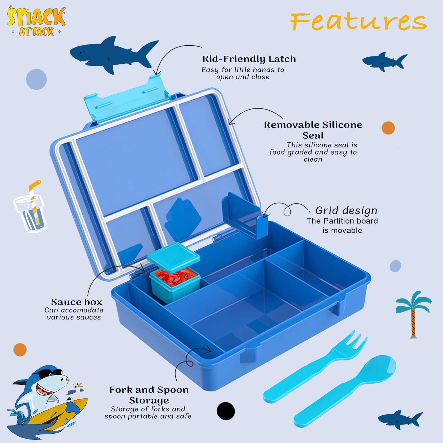 Snack Attack Blue Shark Bento Lunch Box – 5 Compartments