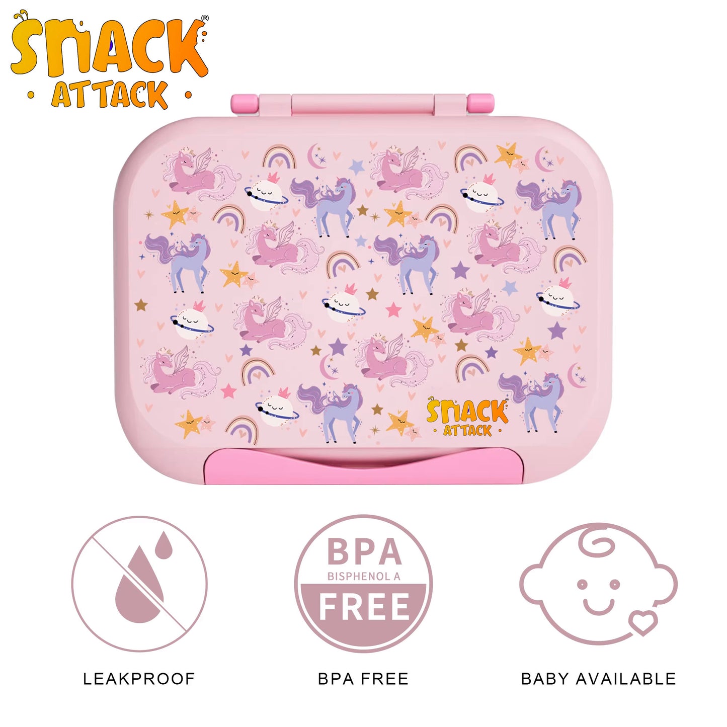 Snack Attack Bento Box, Pink Unicorn Theme, Leakproof, Convertible, 3 to 10 Years, 22.6x17.6x7cm, 810ml - Pink
