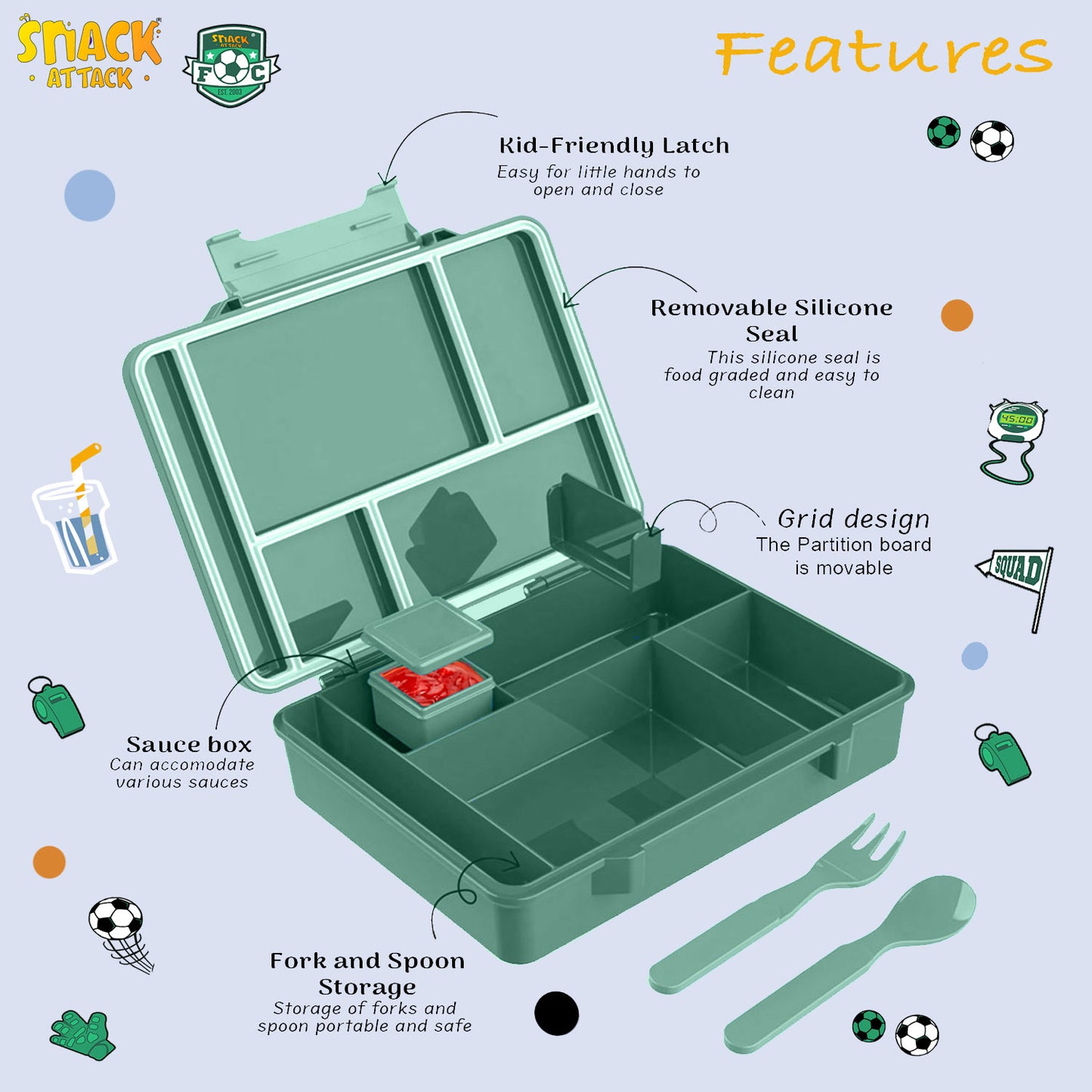 Snack Attack Green Soccer Bento Lunch Box – 5 Compartments
