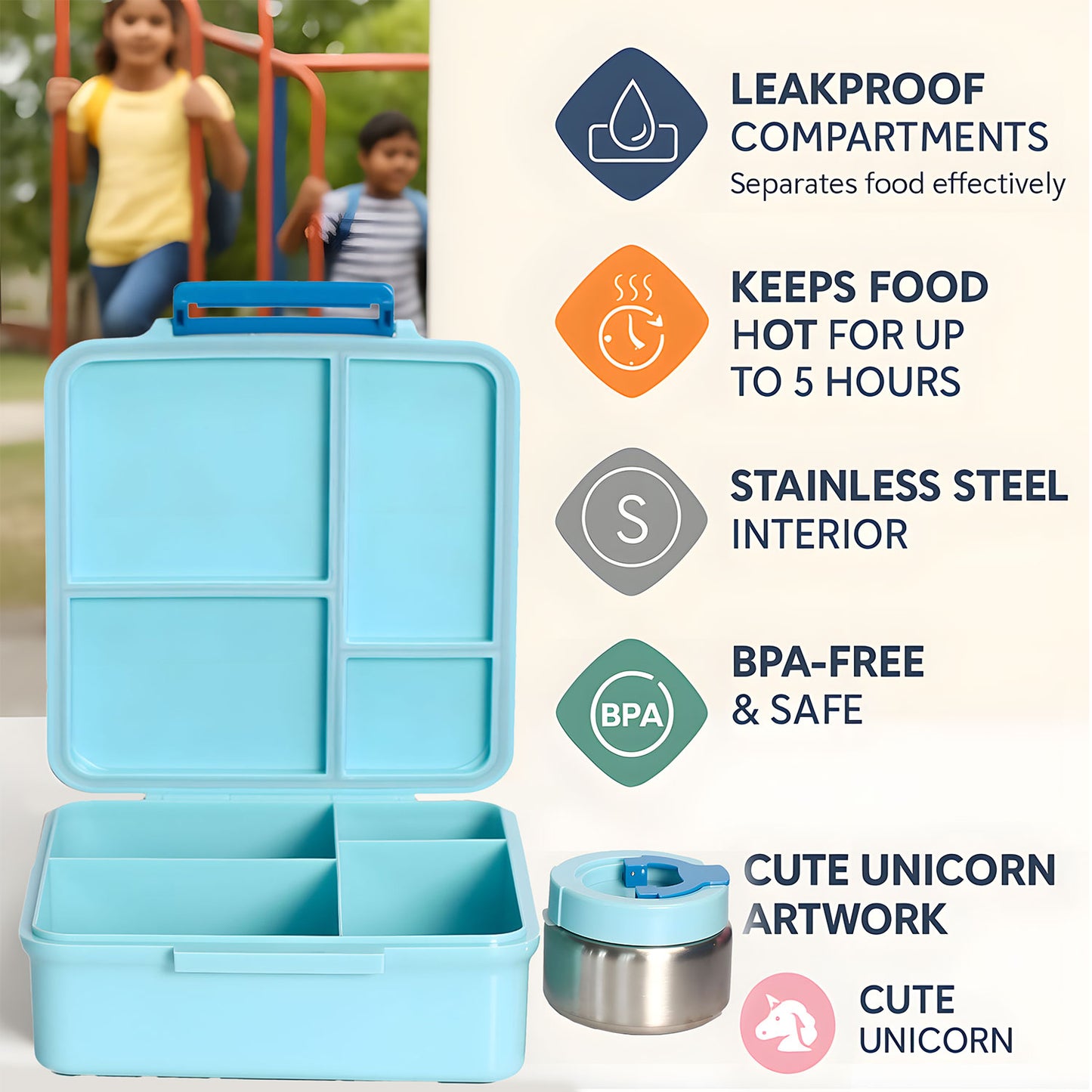 SA Bento Lunch Box for Kids school with 9.7oz Soup thermos Jar Blue Astro)