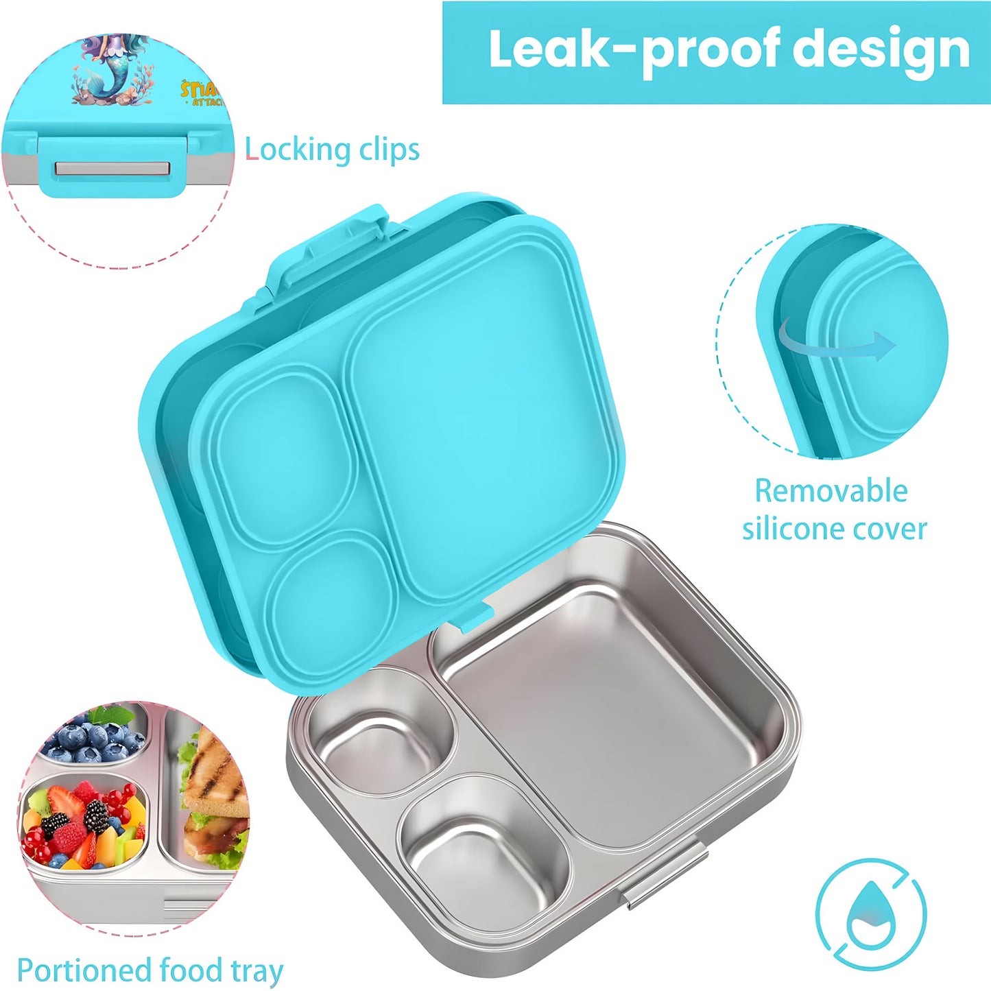 Snack Attack Bento Stainless Steel Lunch Box for Kids –3 Compartments | Mermaid Design Toddler with Spoon & Fork