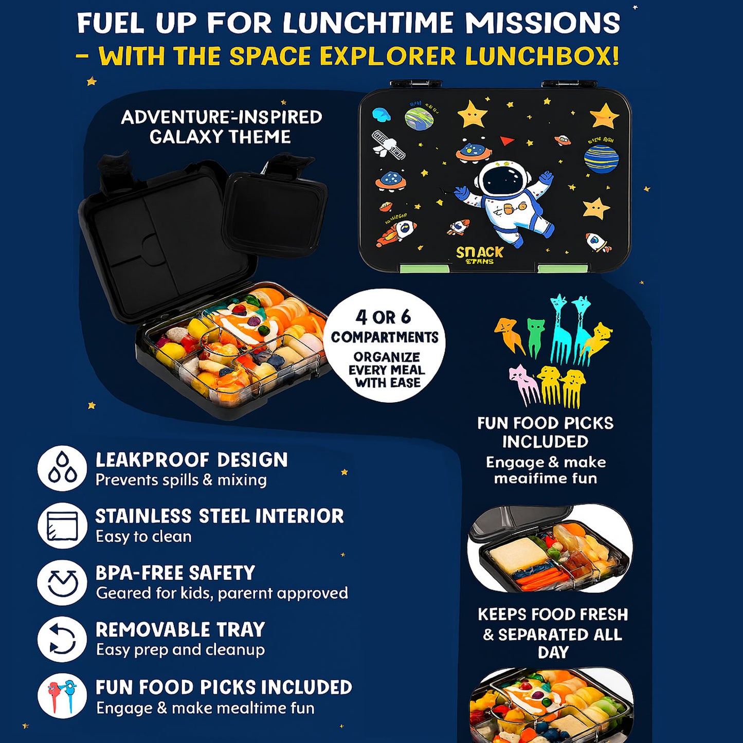 Lunch Box for Kids – 4/6 Compartments Black Astro theme
