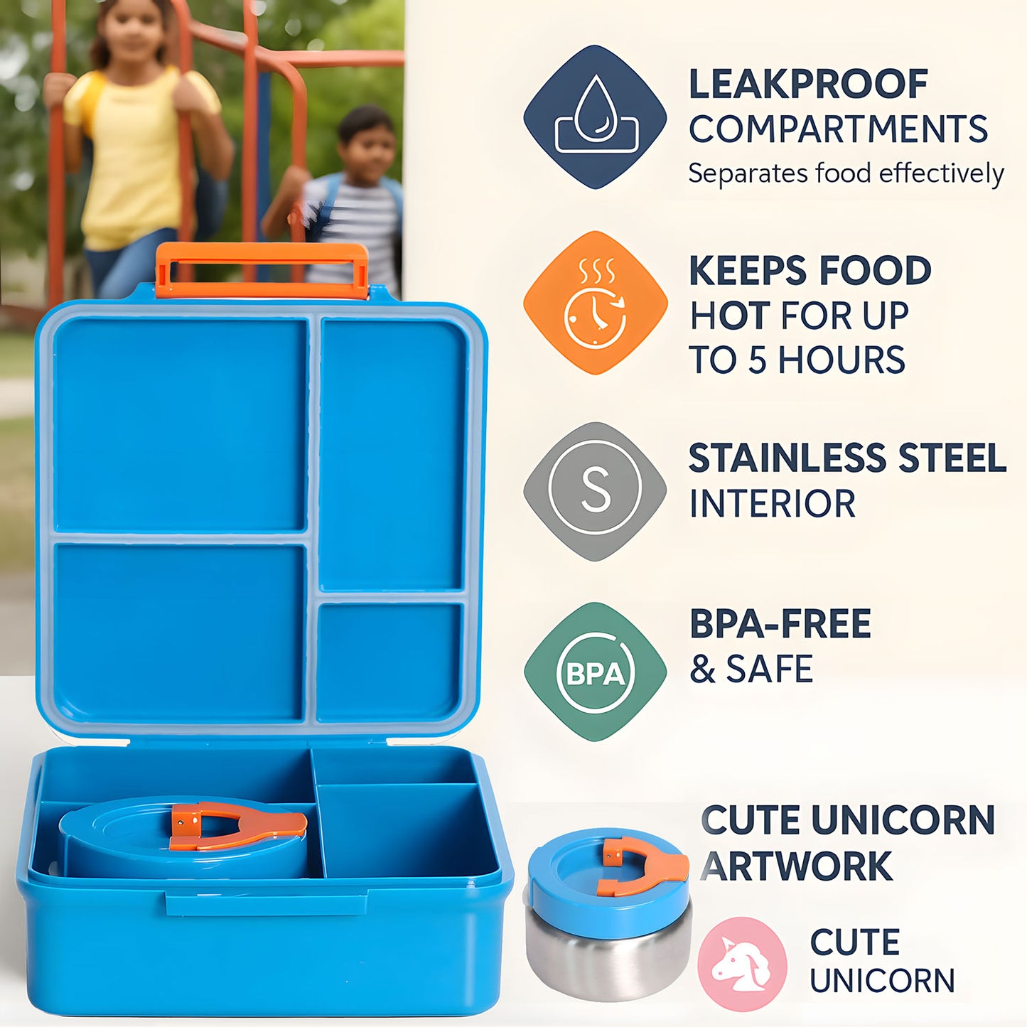 SA Bento Lunch Box for Kids school with 9.7oz Soup thermos Jar Blue Dino)