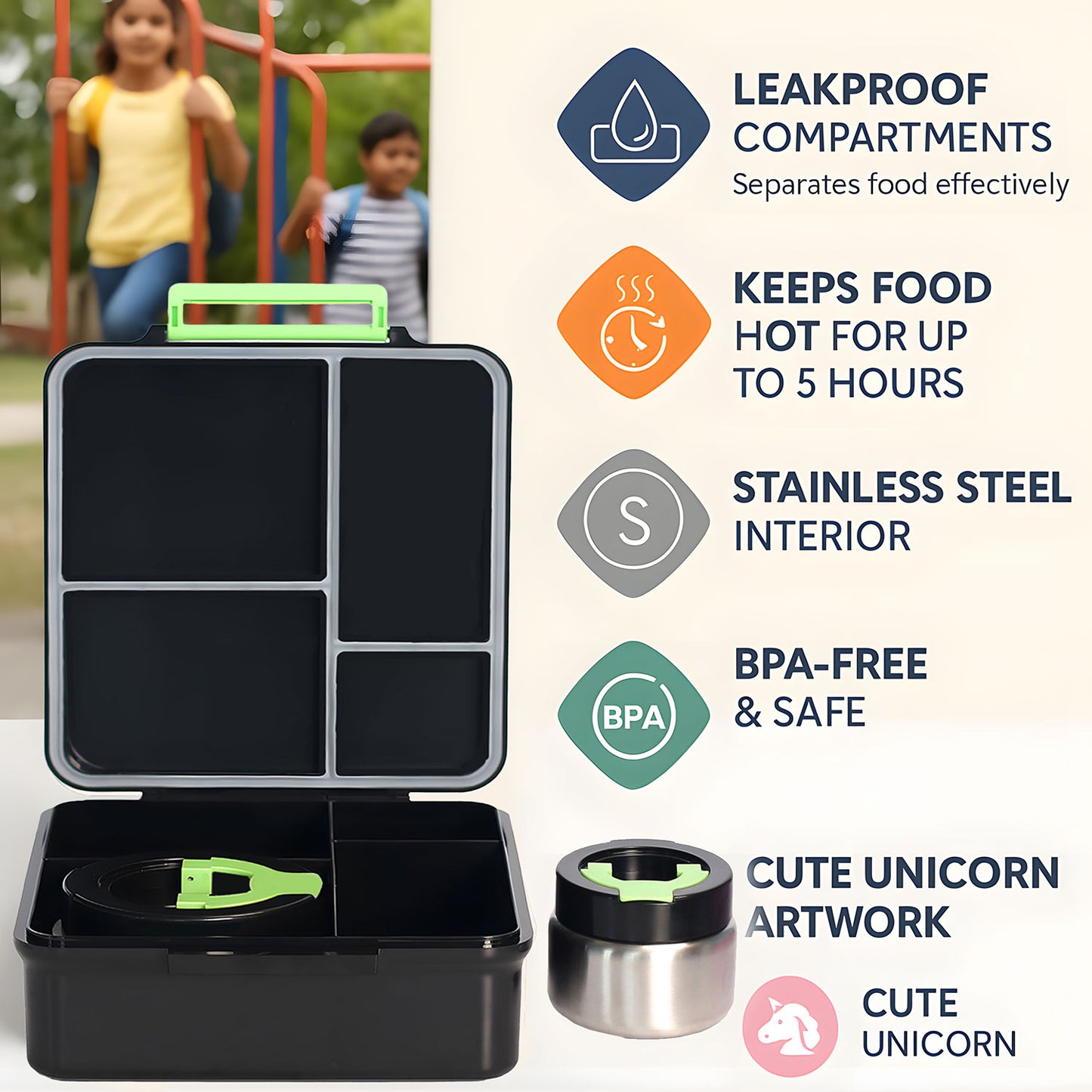 SA Bento Lunch Box for Kids school with 9.7oz Soup thermos Jar Black Astro)