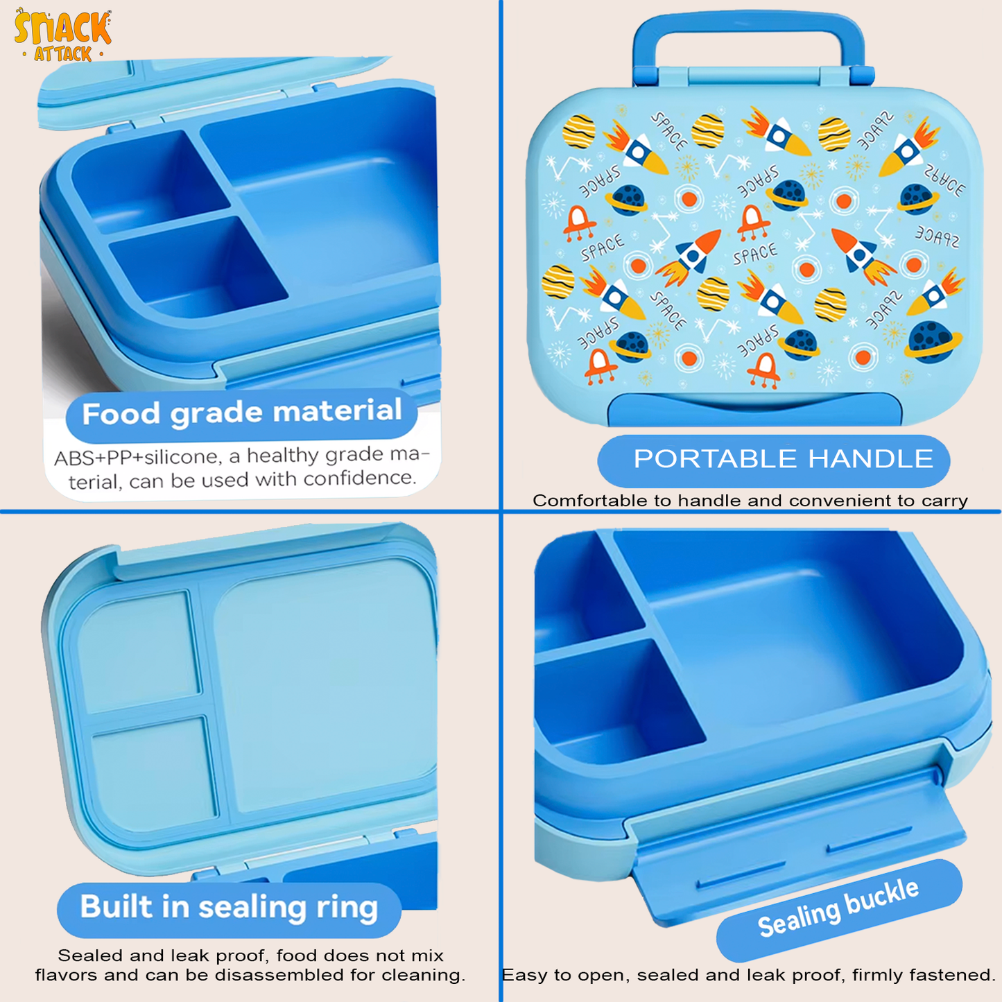 Snack Attack Bento Box, Space Theme, Leakproof, Convertible, 3 to 10 Years, 22.6x17.6x7cm, 810ml - Blue