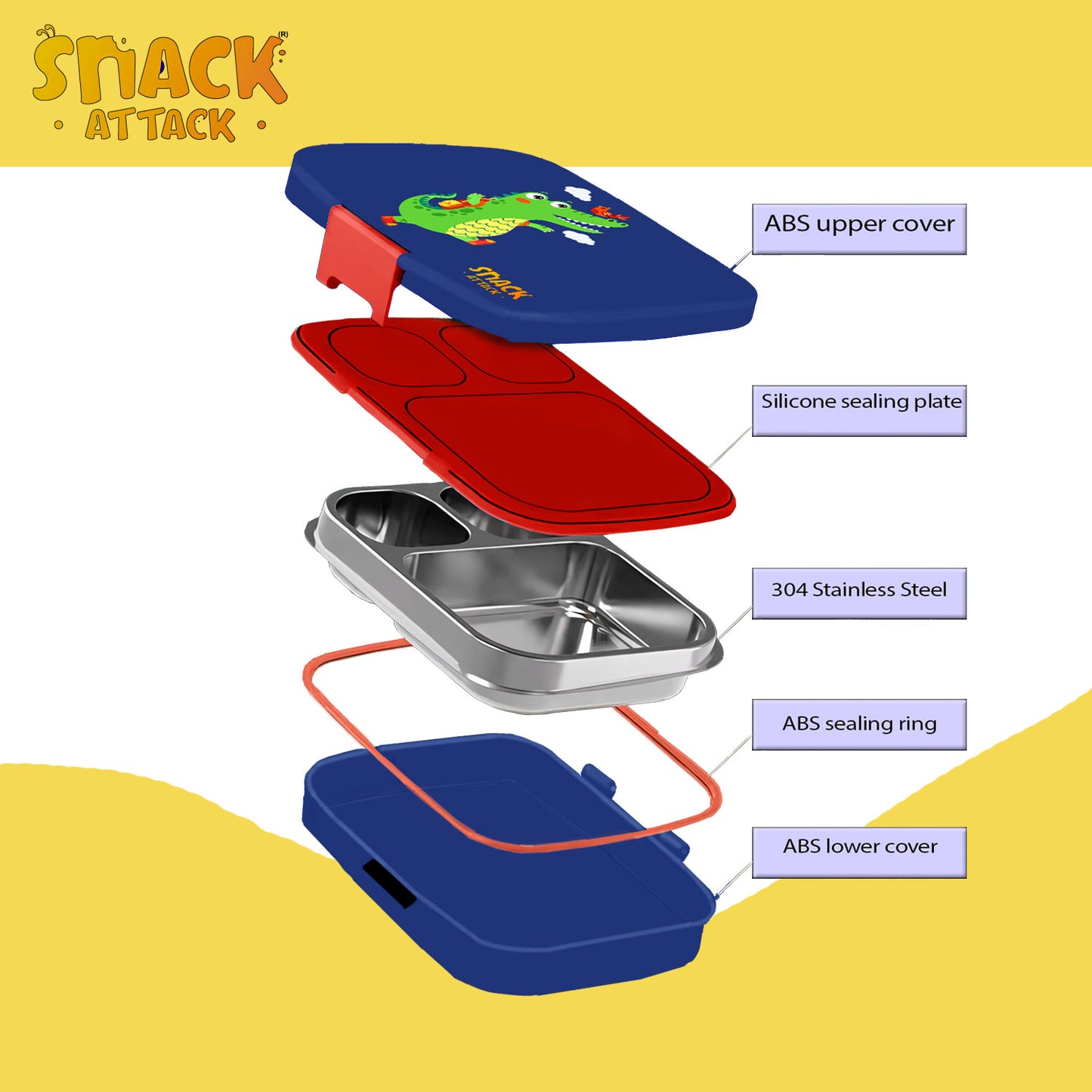 Snack Attack Bento Stainless Steel Lunch Box for Kids –3 Compartments | Dinosaur Design Toddler with Spoon & Fork