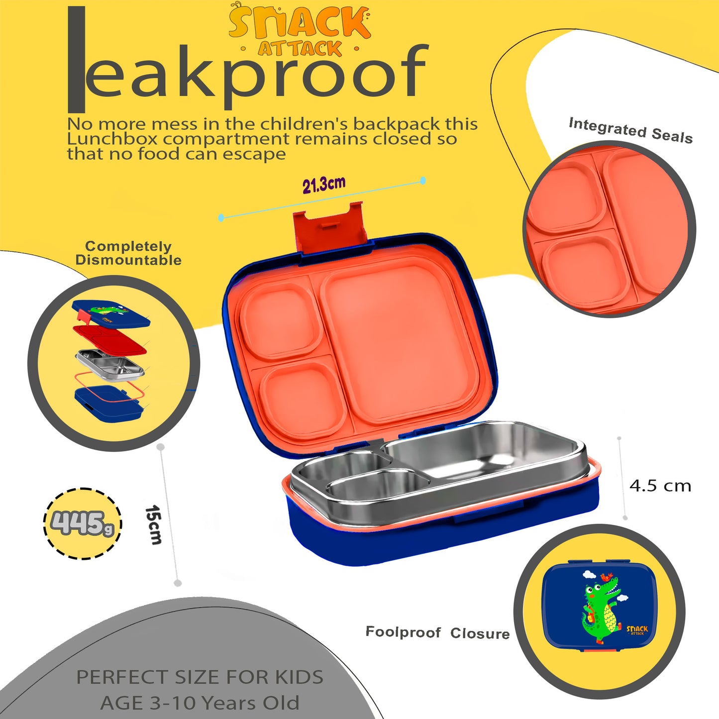 Snack Attack Bento Stainless Steel Lunch Box for Kids –3 Compartments | Dinosaur Design Toddler with Spoon & Fork