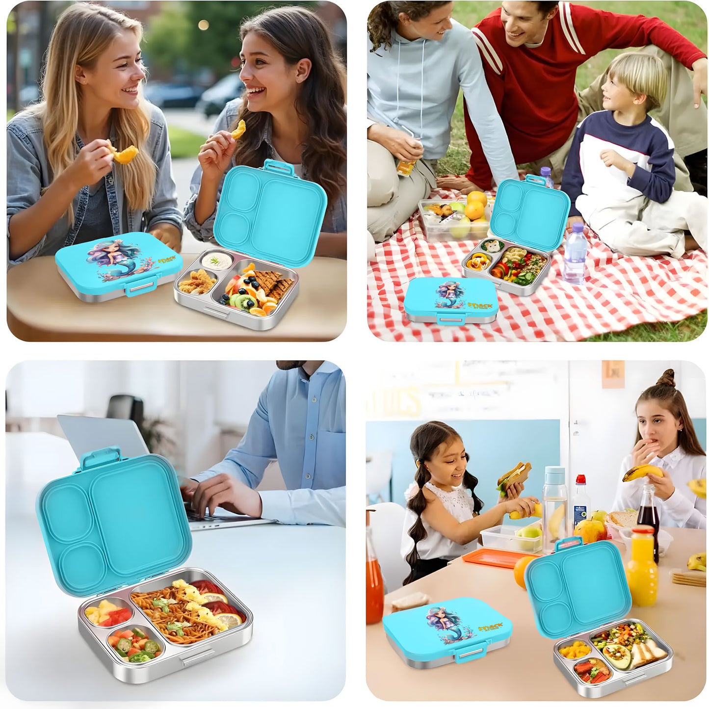 Snack Attack Bento Stainless Steel Lunch Box for Kids –3 Compartments | Mermaid Design Toddler with Spoon & Fork