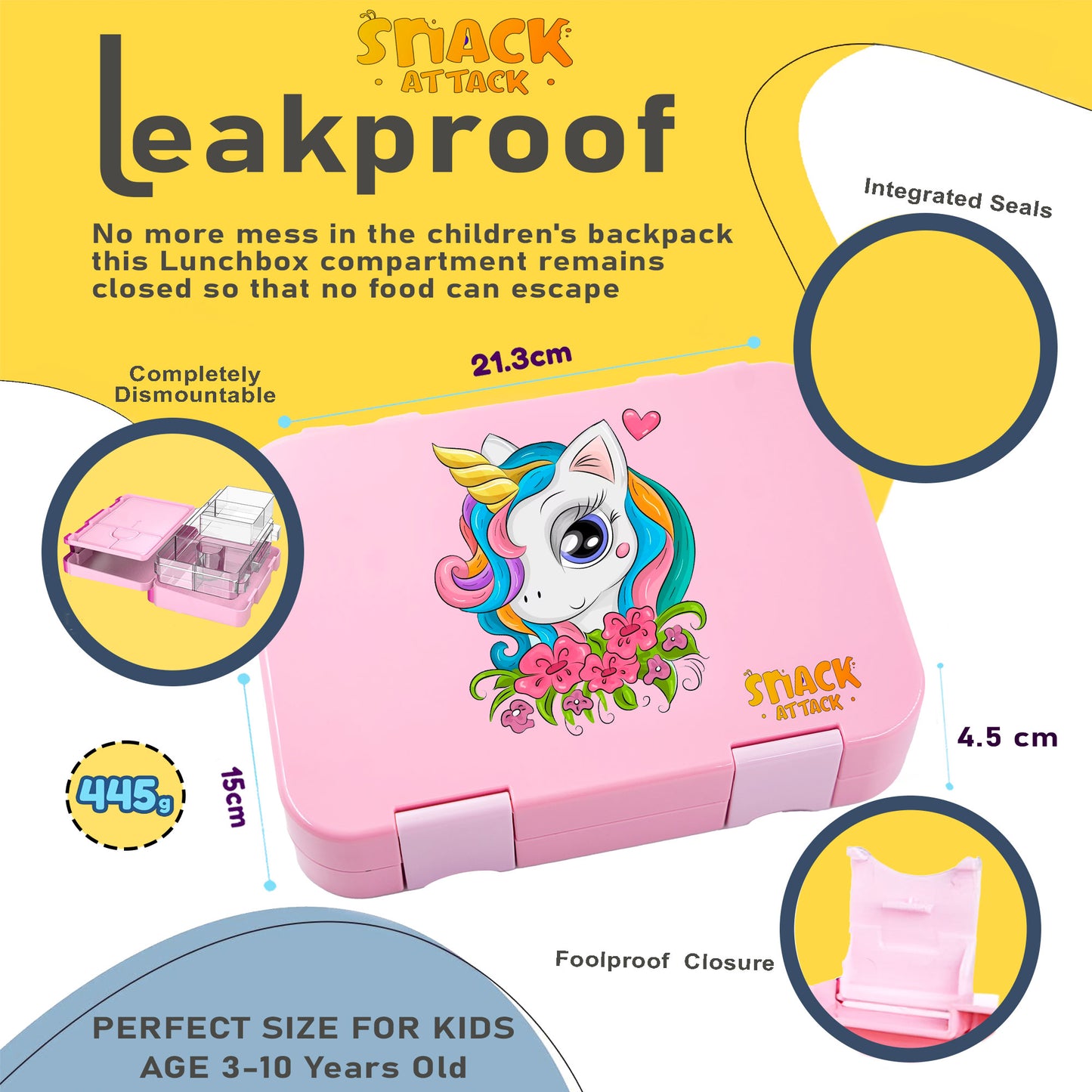 Convertible Bento Lunch Box for Kids – 4/6 Compartments Unicorn theme
