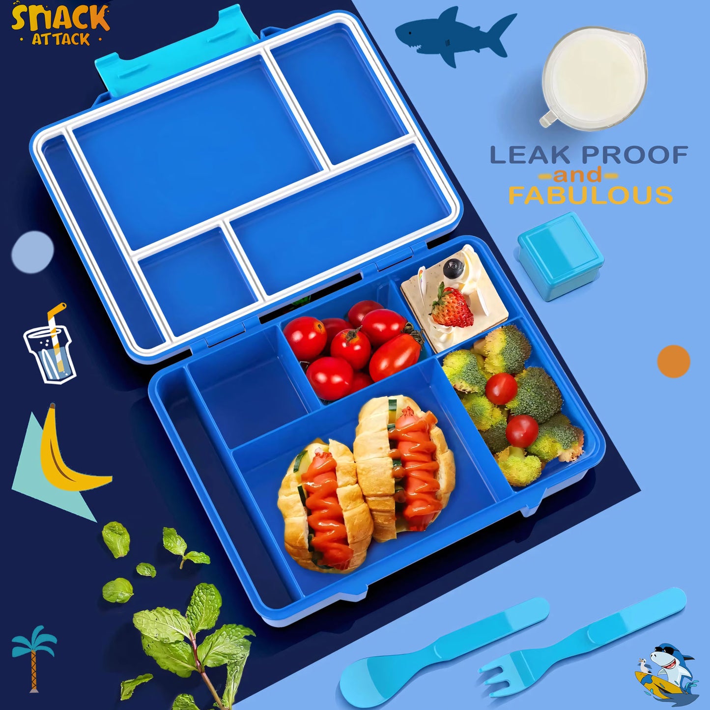 Snack Attack Blue Shark Bento Lunch Box – 5 Compartments