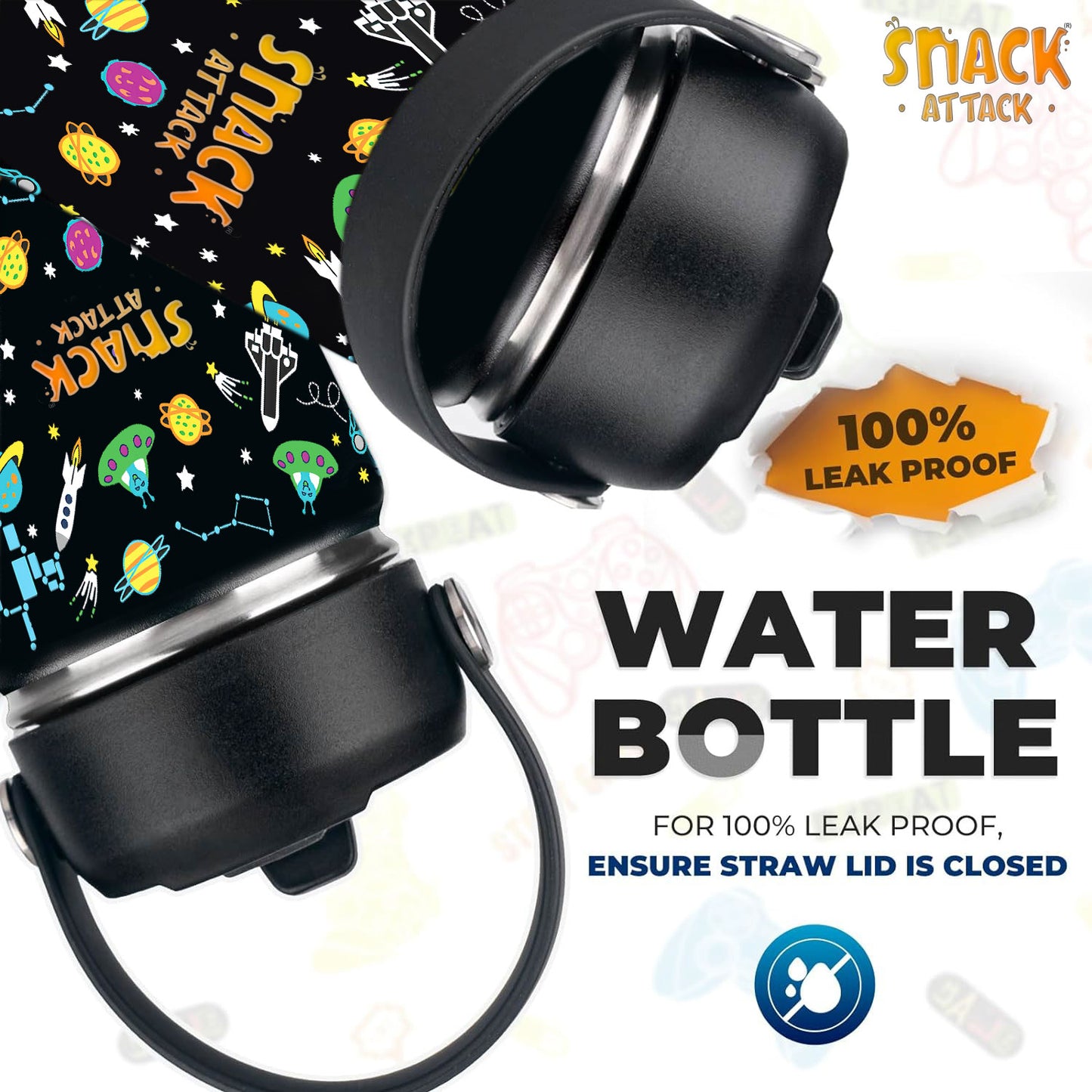 Snack Attack Kids Insulated Water Bottle-12oz (Black Astro)
