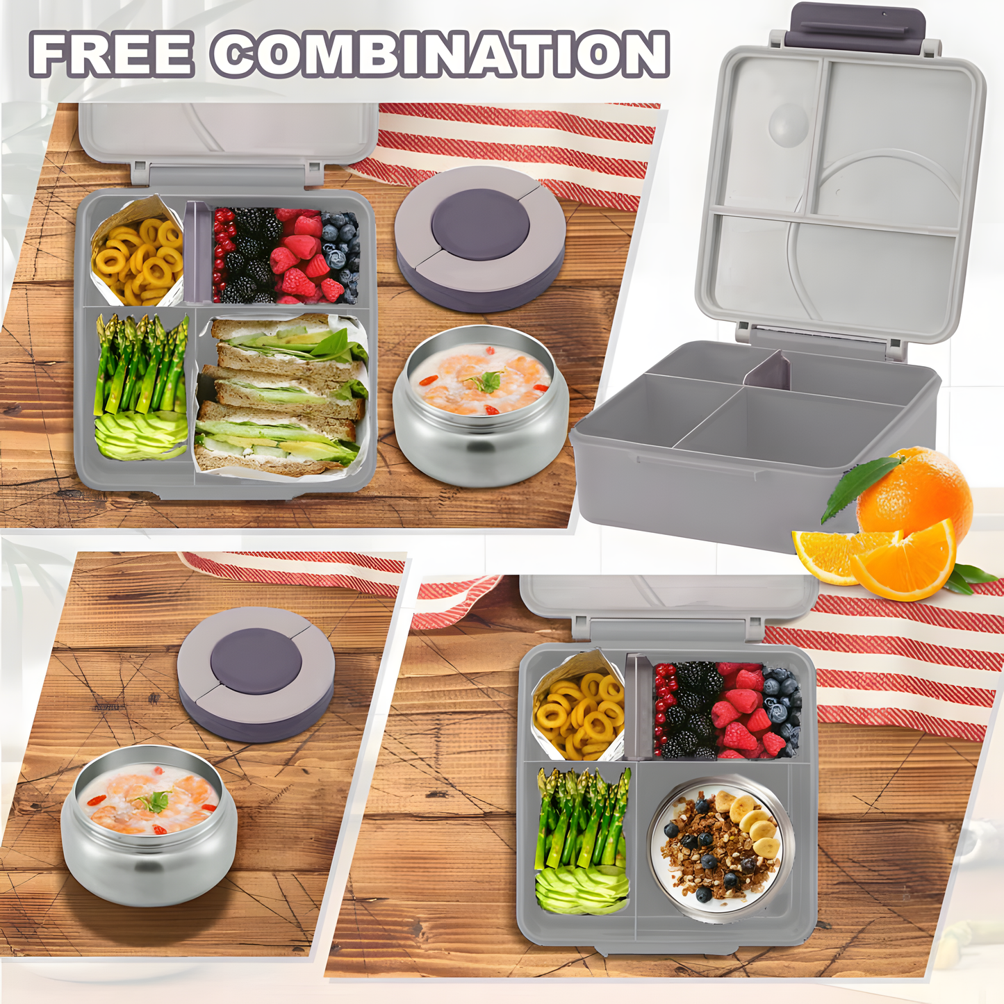 Gray Honey Bee Bento Lunch Box with 9.7oz Thermos