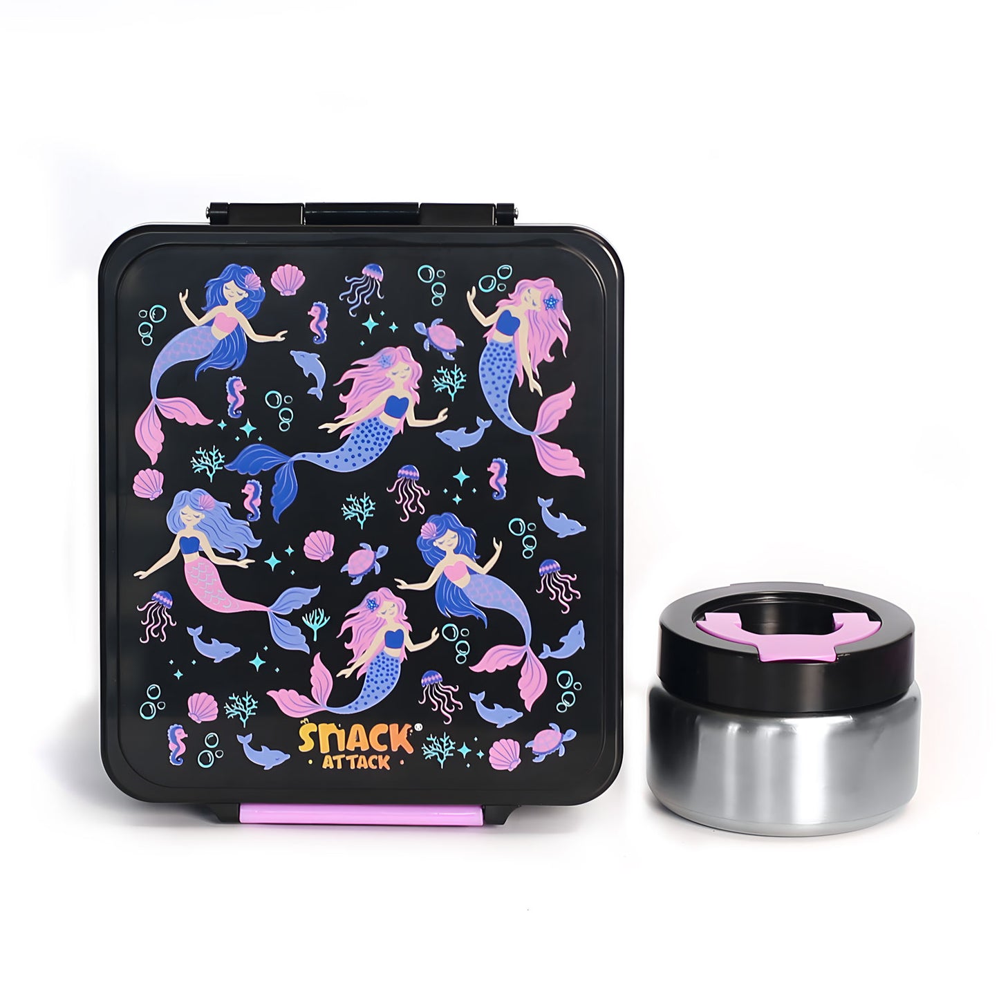 SA Bento Lunch Box for Kids school with 9.7oz Soup thermos Jar Black Mermaid)