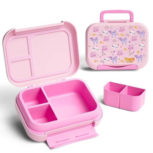 Snack Attack Bento Box, Pink Unicorn Theme, Leakproof, Convertible, 3 to 10 Years, 22.6x17.6x7cm, 810ml - Pink