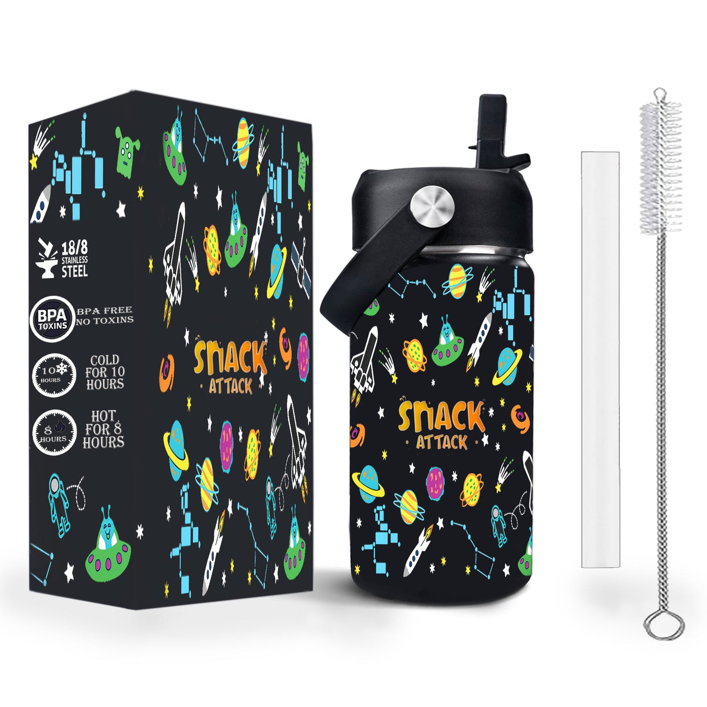 Snack Attack Kids Insulated Water Bottle-12oz (Black Astro)