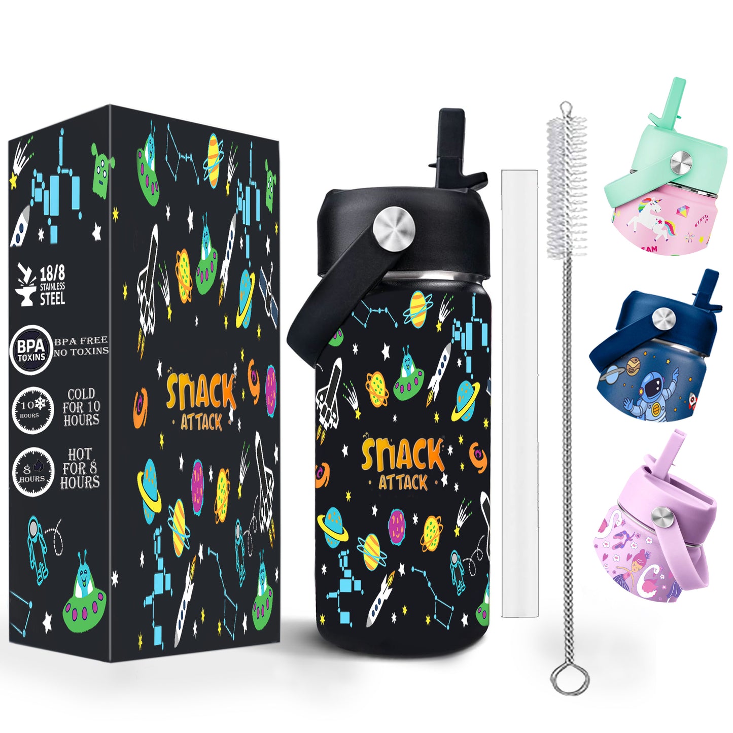 Snack Attack Kids Insulated Water Bottle-12oz (Black Astro)