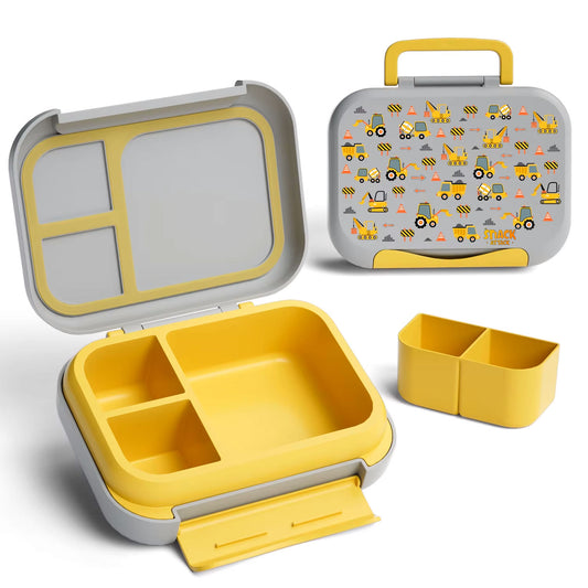 Snack Attack Bento Box, Car Excavator Theme, Leakproof, Convertible,3to 10 Years,22.6x17.6x7cm, 810ml - Yellow