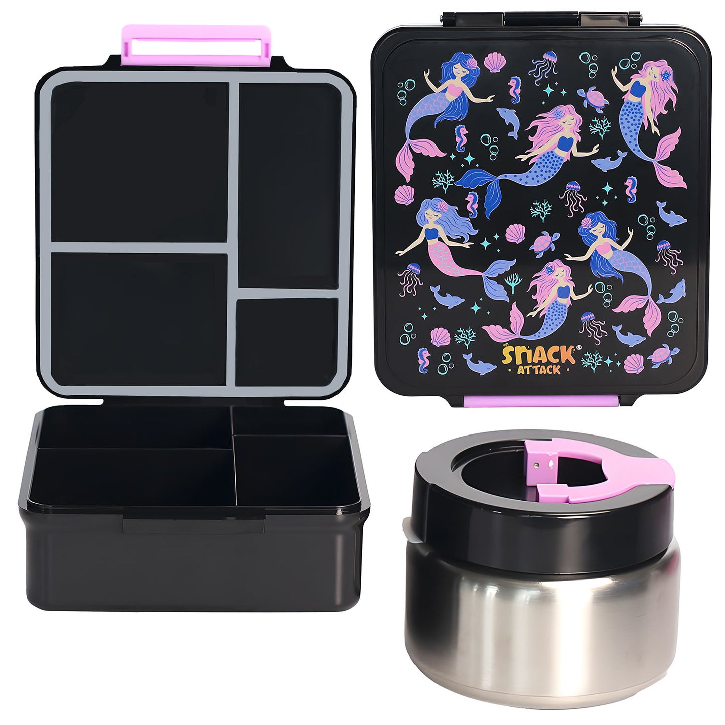 SA Bento Lunch Box for Kids school with 9.7oz Soup thermos Jar Black Mermaid)