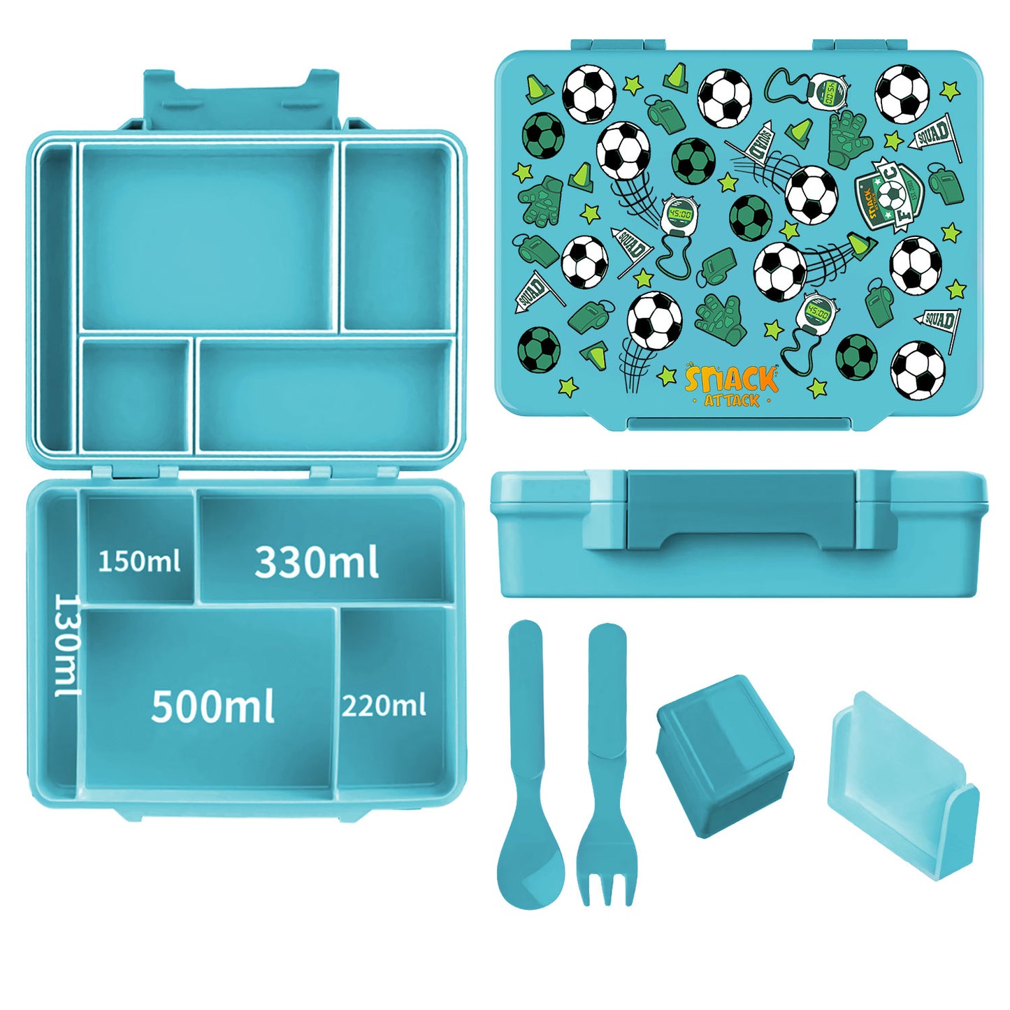 Snack Attack Green Soccer Bento Lunch Box – 5 Compartments