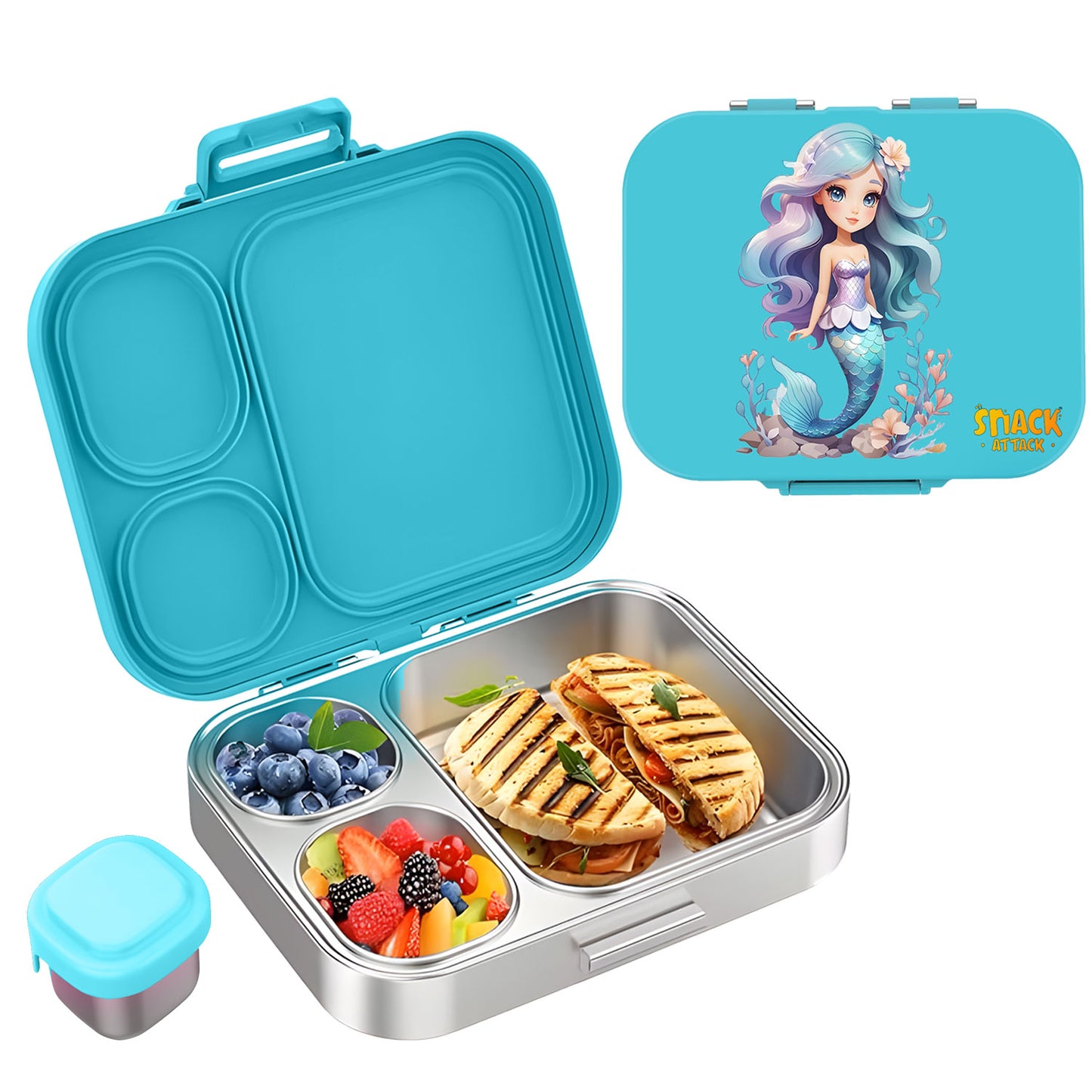 Snack Attack Bento Stainless Steel Lunch Box for Kids –3 Compartments | Mermaid Design Toddler with Spoon & Fork