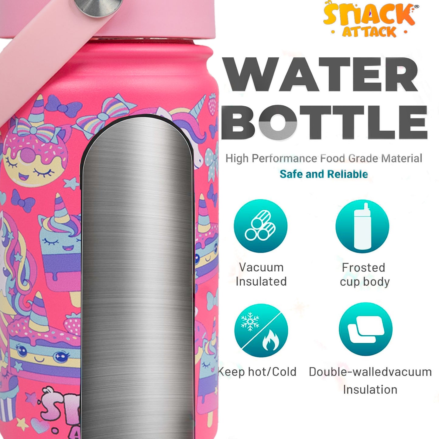 Snack Attack Kids Insulated Water Bottle-12oz Pink Unicorn Family