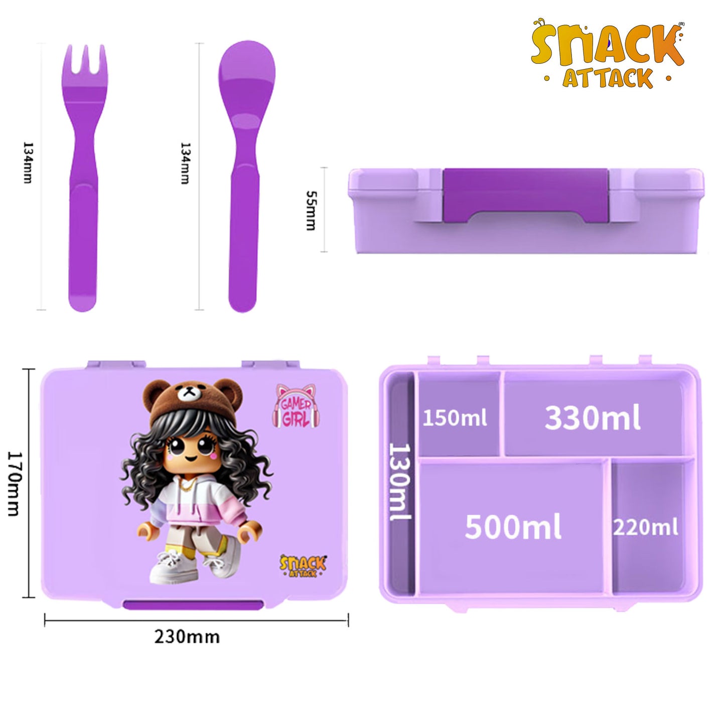 Snack Attack Light Purple Gamer Girl Bento Lunch Box – 5 Compartments