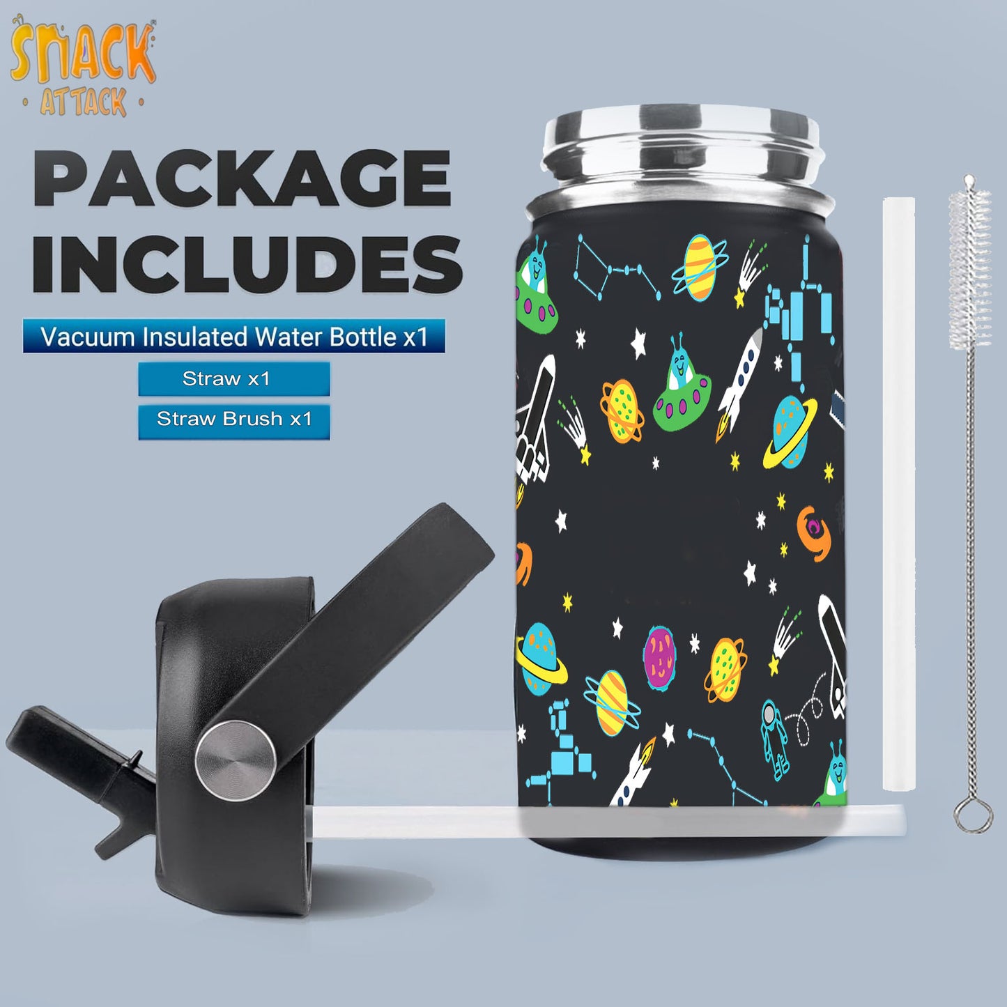 Snack Attack Kids Insulated Water Bottle-12oz (Black Astro)