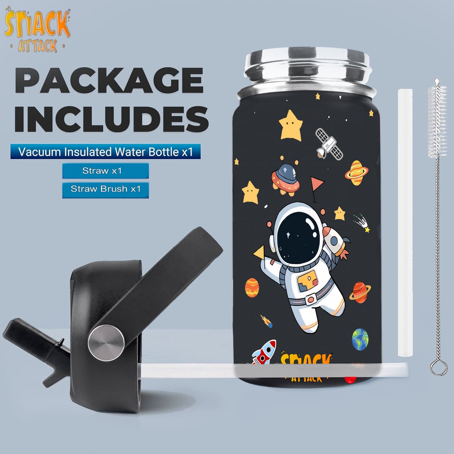 Snack Attack Kids Insulated Water Bottle-12oz Black Astro 350ml