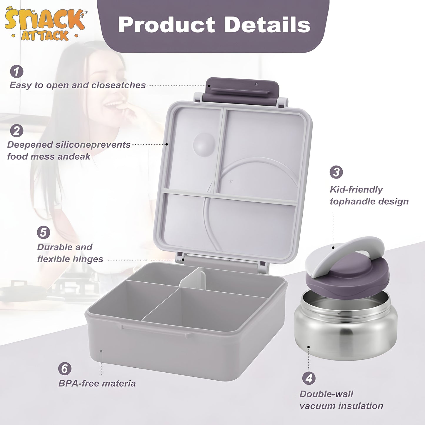 Gray Bear Pilot & Lion Bento Lunch Box with 9.7oz Thermos