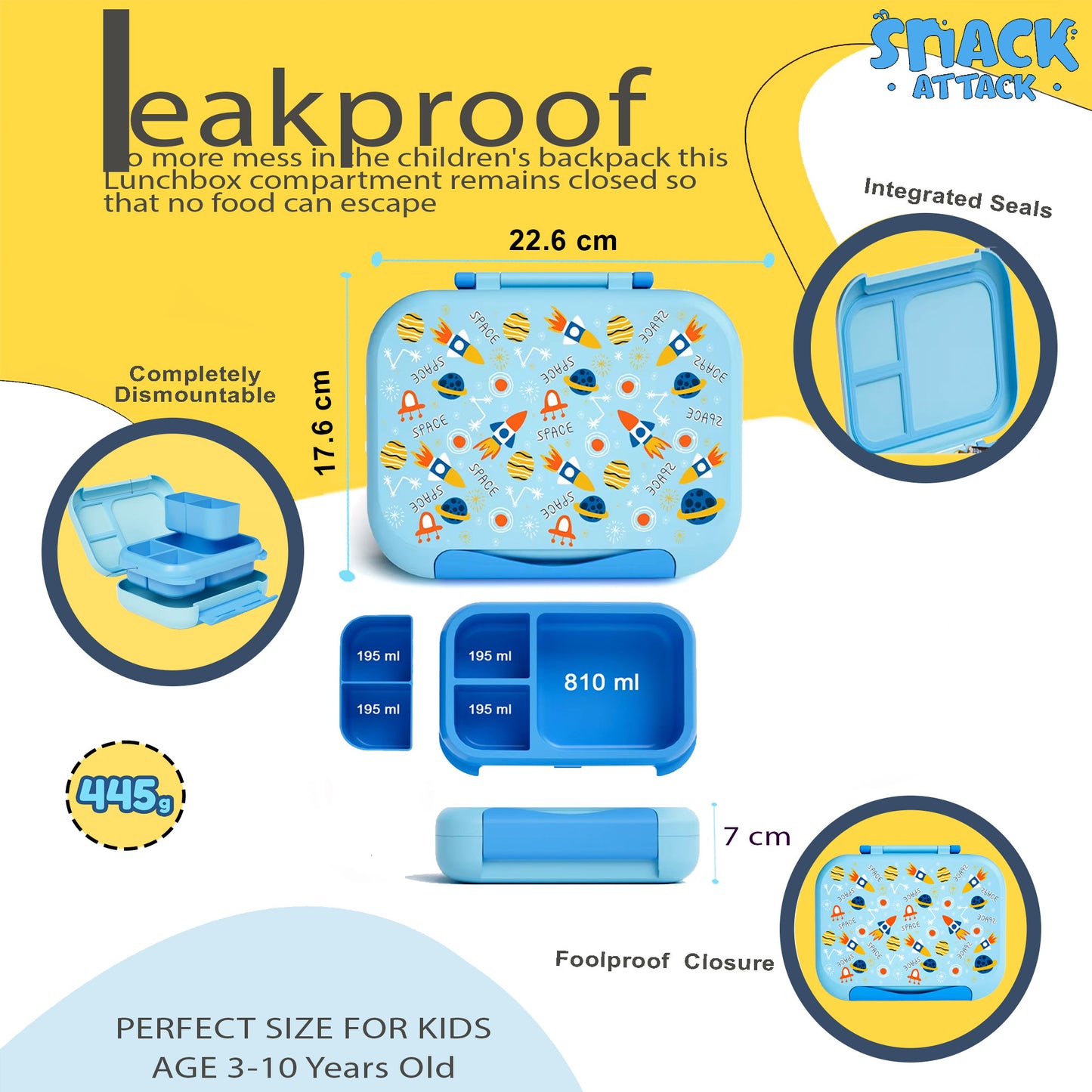 Snack Attack Bento Box, Space Theme, Leakproof, Convertible, 3 to 10 Years, 22.6x17.6x7cm, 810ml - Blue