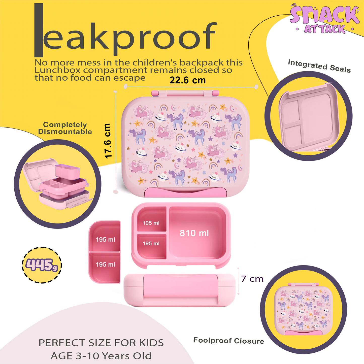 Snack Attack Bento Box, Pink Unicorn Theme, Leakproof, Convertible, 3 to 10 Years, 22.6x17.6x7cm, 810ml - Pink