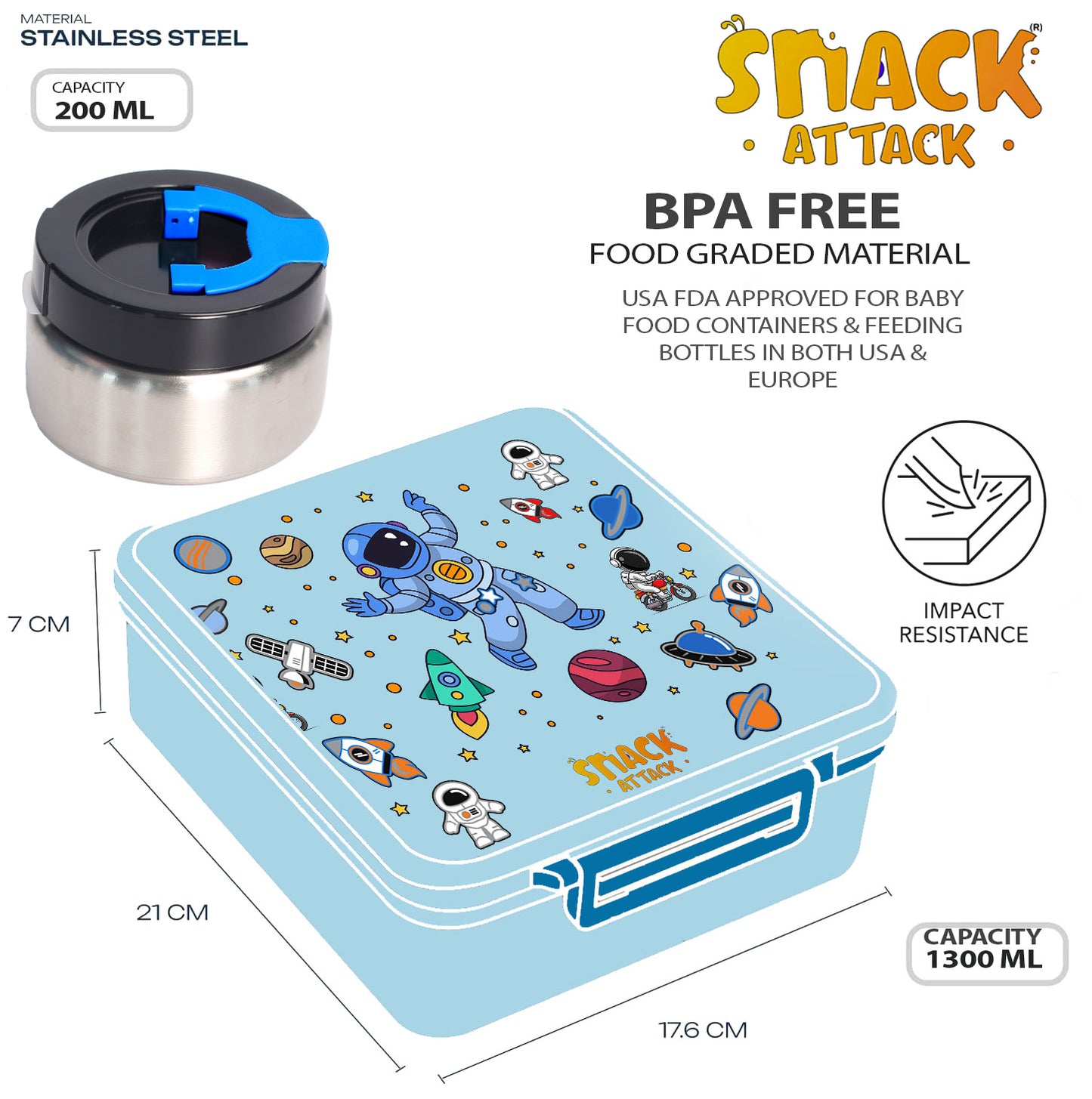 SA Bento Lunch Box for Kids school with 9.7oz Soup thermos Jar Blue Astro)