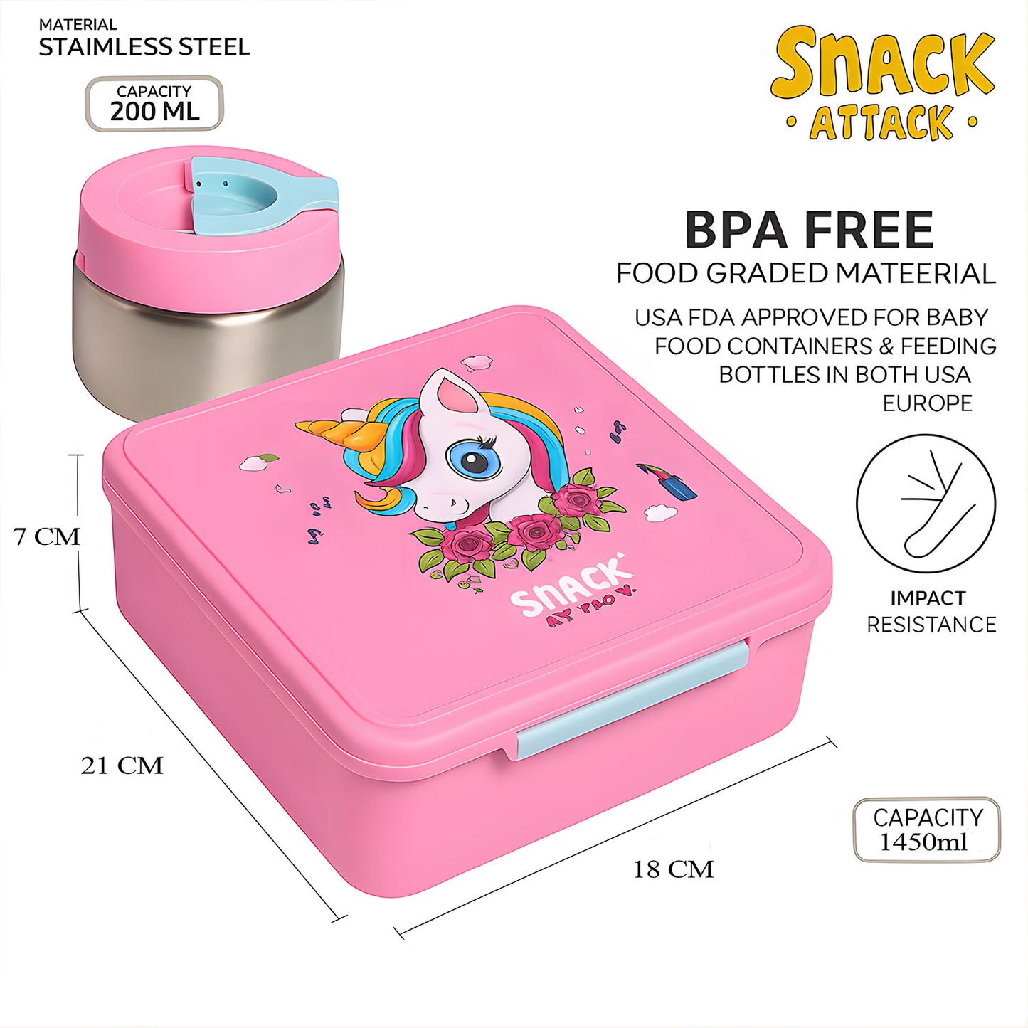 SA Bento Lunch Box for Kids school with 9.7oz Soup thermos Jar Pink Unicorn Solo)