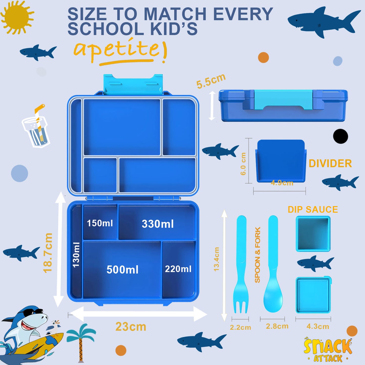 Snack Attack Blue Shark Bento Lunch Box – 5 Compartments