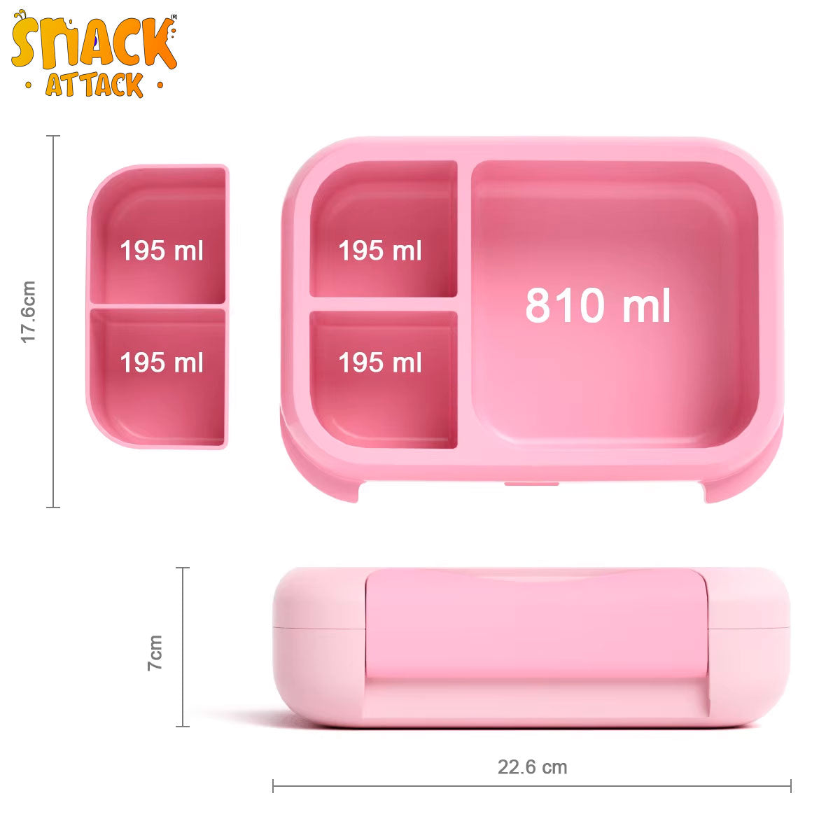 Snack Attack Bento Box, Pink Unicorn Theme, Leakproof, Convertible, 3 to 10 Years, 22.6x17.6x7cm, 810ml - Pink