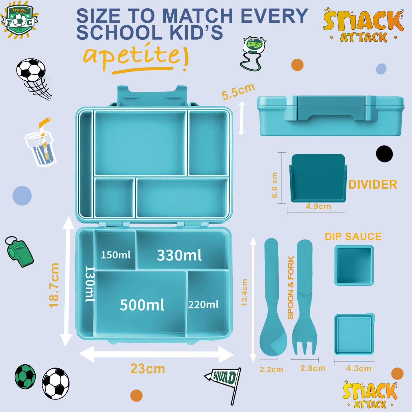 Snack Attack Green Soccer Bento Lunch Box – 5 Compartments