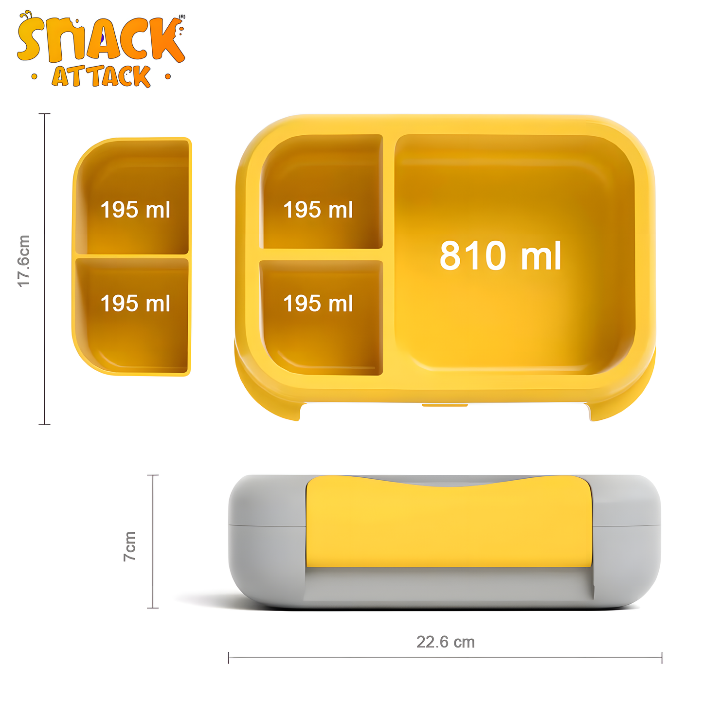 Snack Attack Bento Box, Car Excavator Theme, Leakproof, Convertible,3to 10 Years,22.6x17.6x7cm, 810ml - Yellow