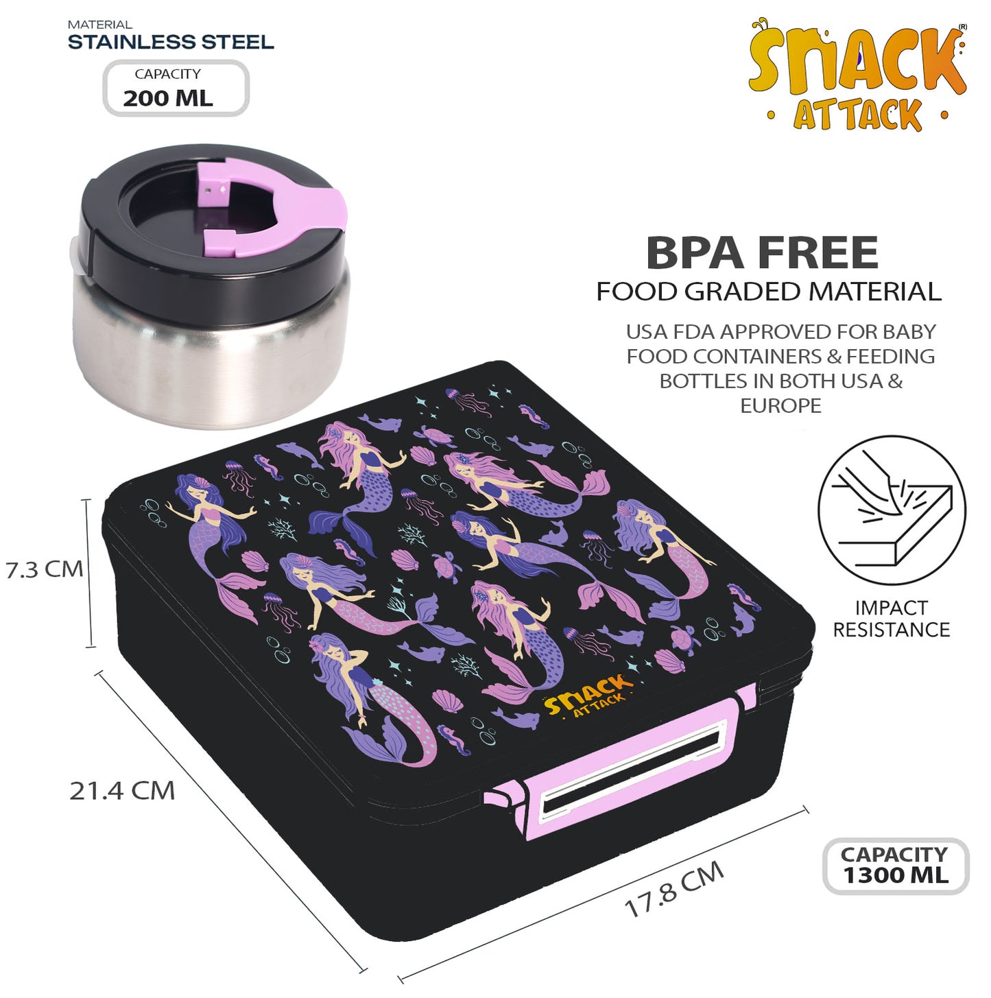 SA Bento Lunch Box for Kids school with 9.7oz Soup thermos Jar Black Mermaid)